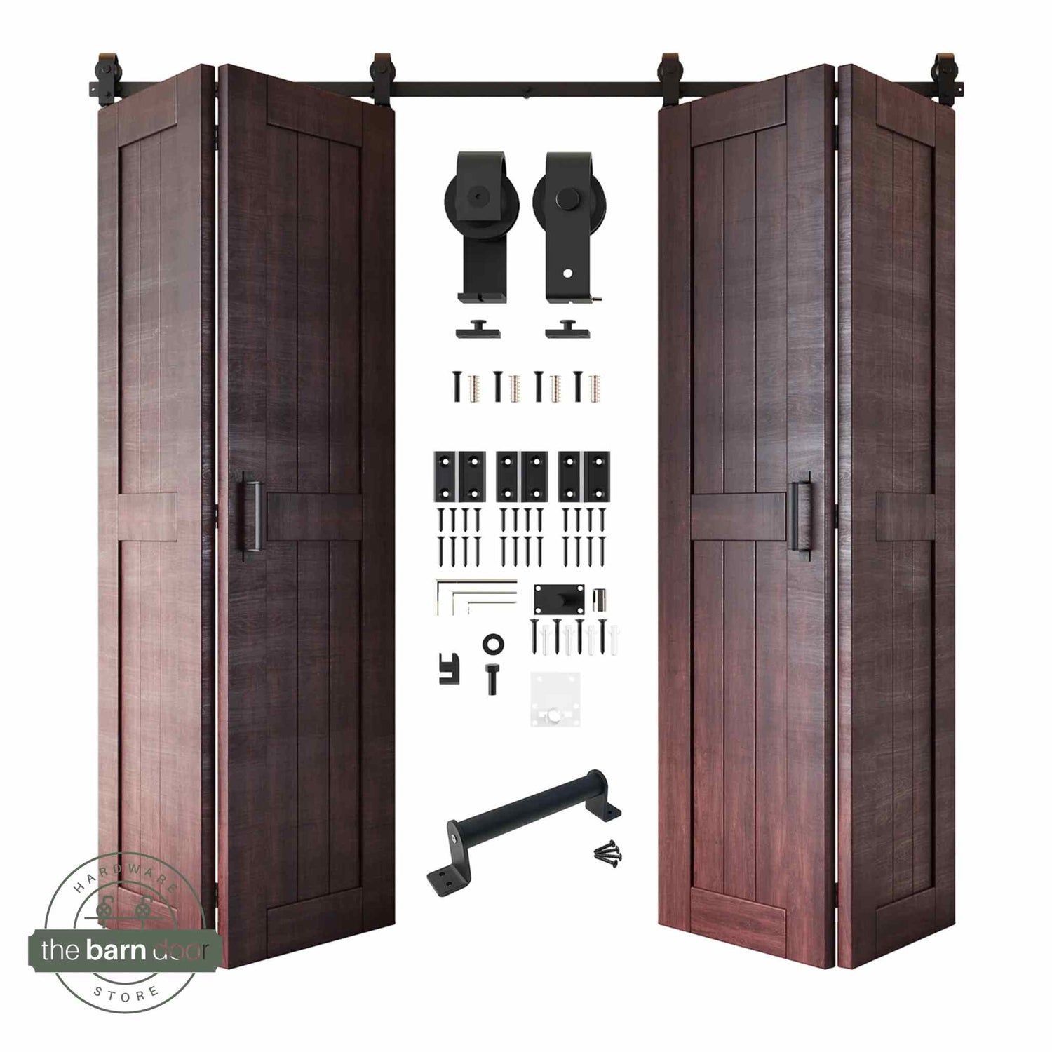 Full kit contents: Four open and partially folded red mahogany bifold door panels shown with all accompanying Matte Black top-mount hardware components.