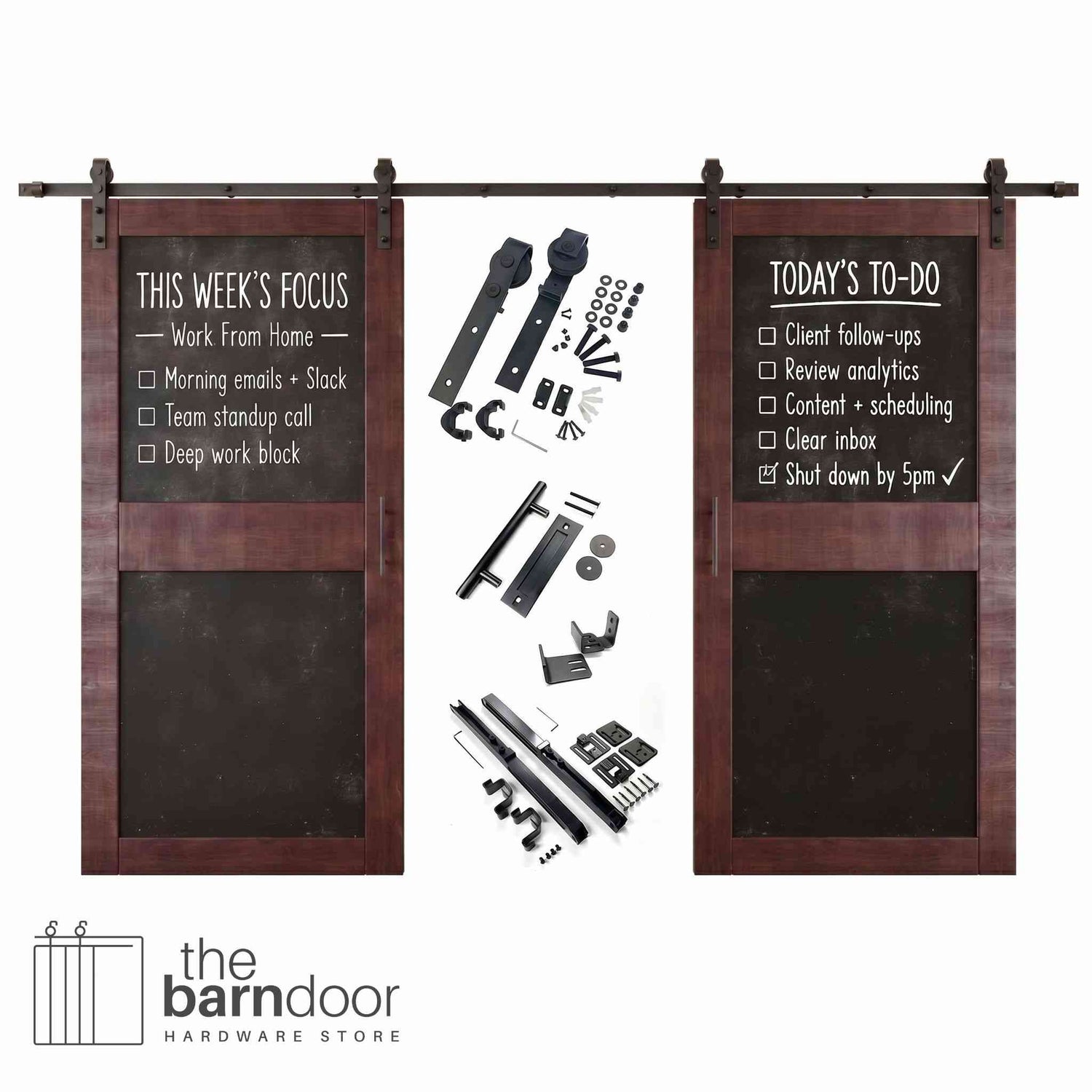 Red mahogany barn door set with black chalkboard panels and hardware components on a white background