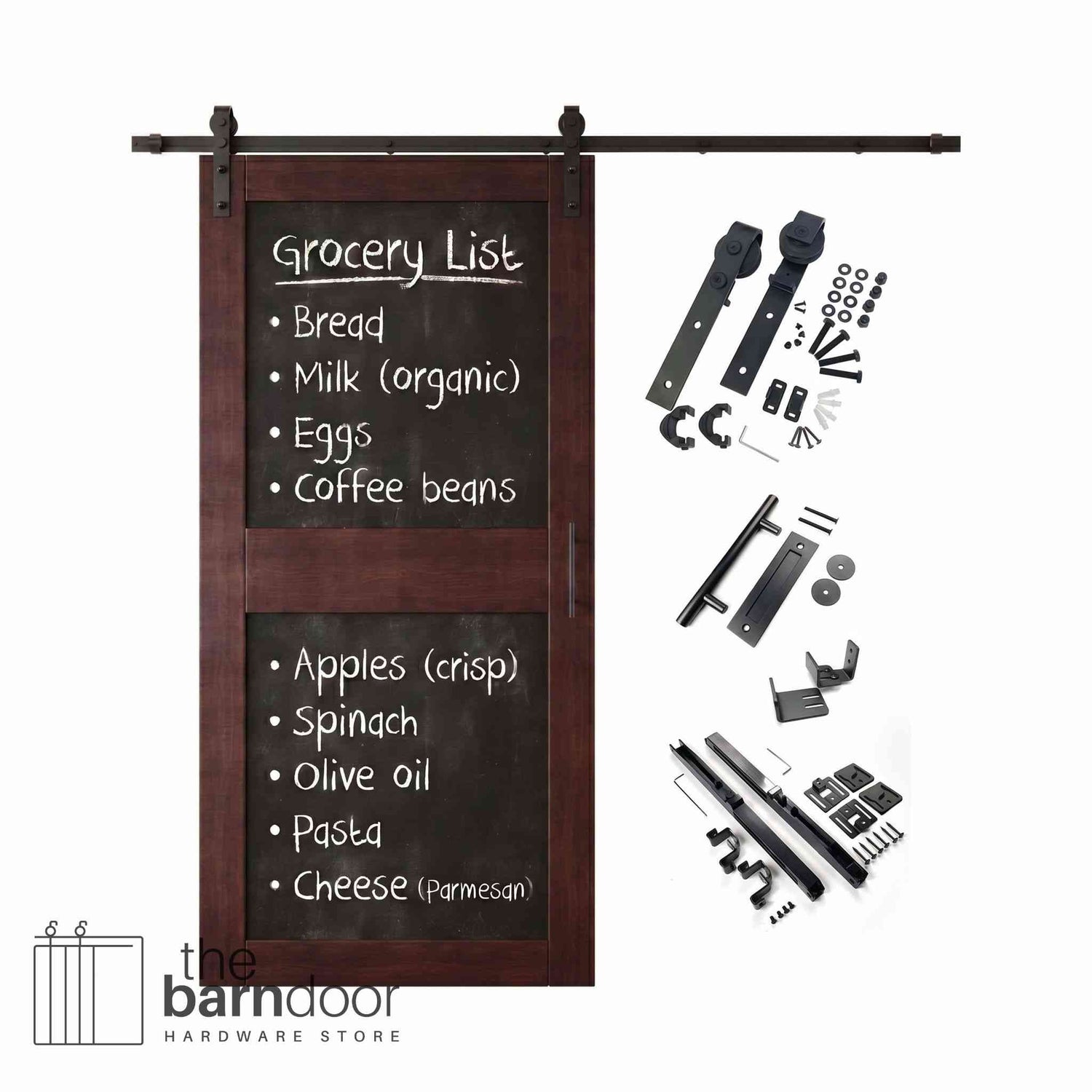 Red mahogany barn door kit with black chalkboard surface and hardware components on a white background