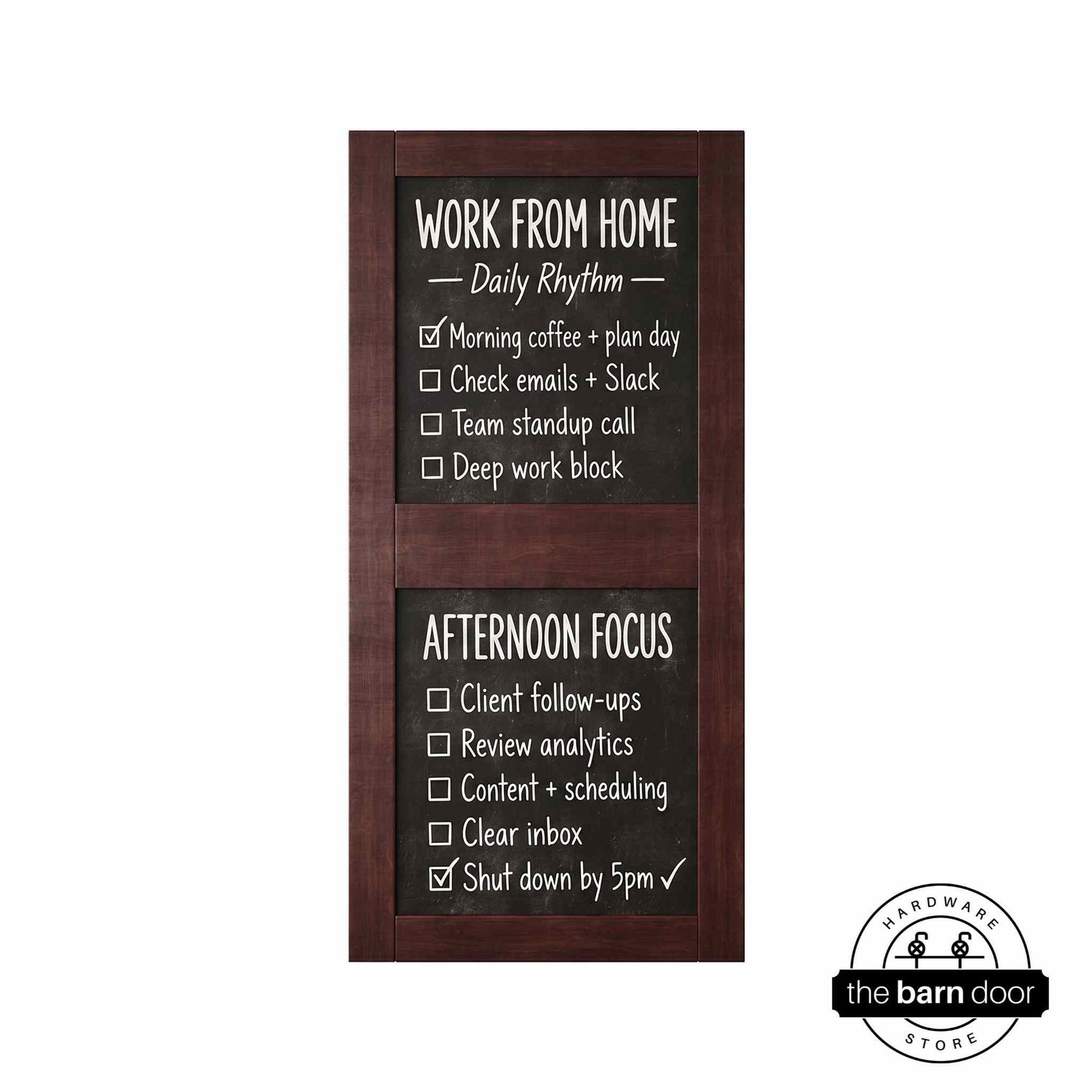 Front view of a vertical red mahogany chalkboard door with two panels.