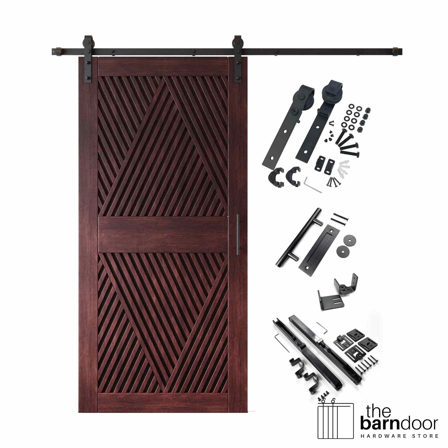A complete barn door hardware kit featuring a striking red mahogany barn door with an intricate, open diamond slat pattern, black sliding track, rollers, handle, and all mounting components displayed next to the door.