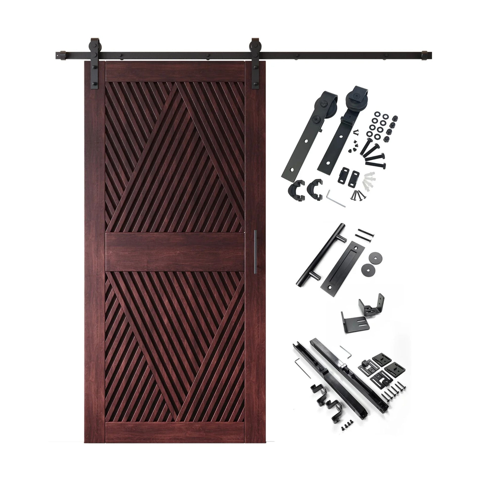 A complete barn door hardware kit featuring a striking red mahogany barn door with an intricate, open diamond slat pattern, black sliding track, rollers, handle, and all mounting components displayed next to the door.