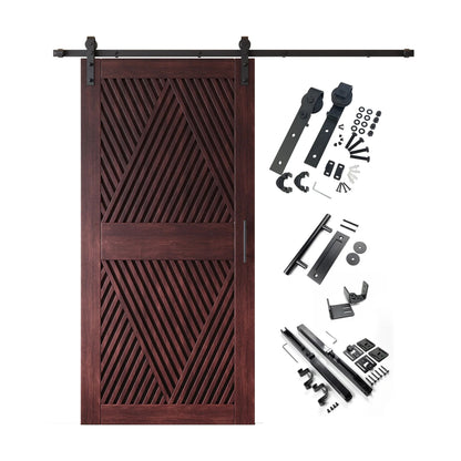 A complete barn door hardware kit featuring a striking red mahogany barn door with an intricate, open diamond slat pattern, black sliding track, rollers, handle, and all mounting components displayed next to the door.