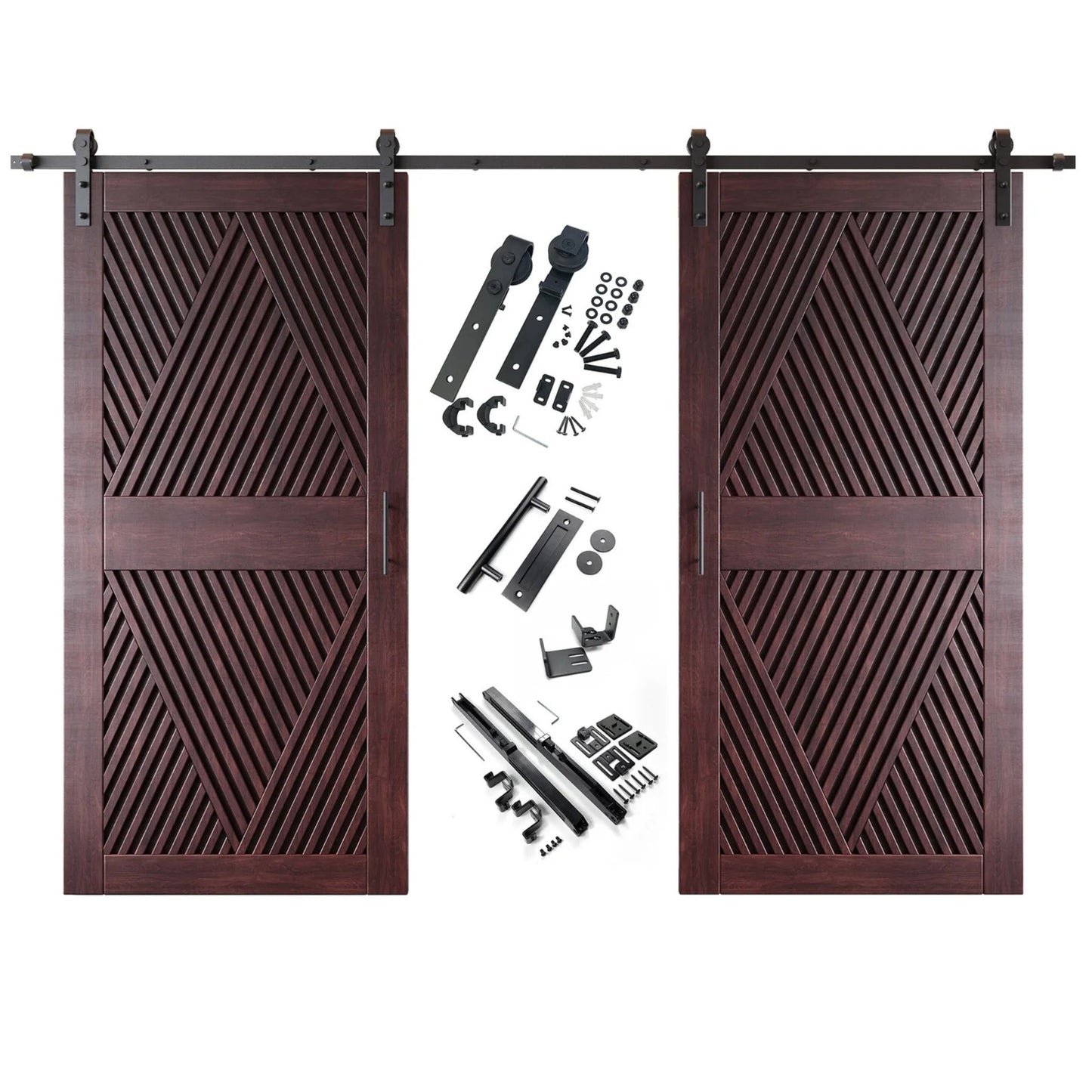A complete double barn door kit featuring two red mahogany doors with an intricate diamond slat pattern. The black sliding track, rollers, handle, and all mounting components are displayed in the center between the two doors.