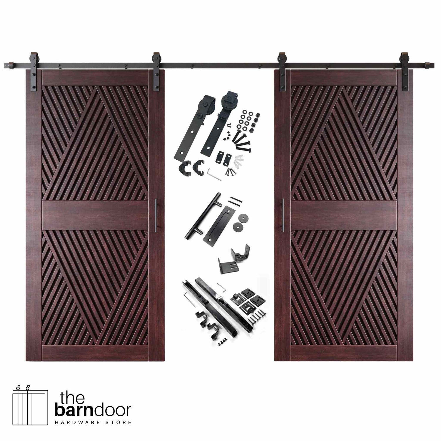 A complete double barn door kit featuring two red mahogany doors with an intricate diamond slat pattern. The black sliding track, rollers, handle, and all mounting components are displayed in the center between the two doors.