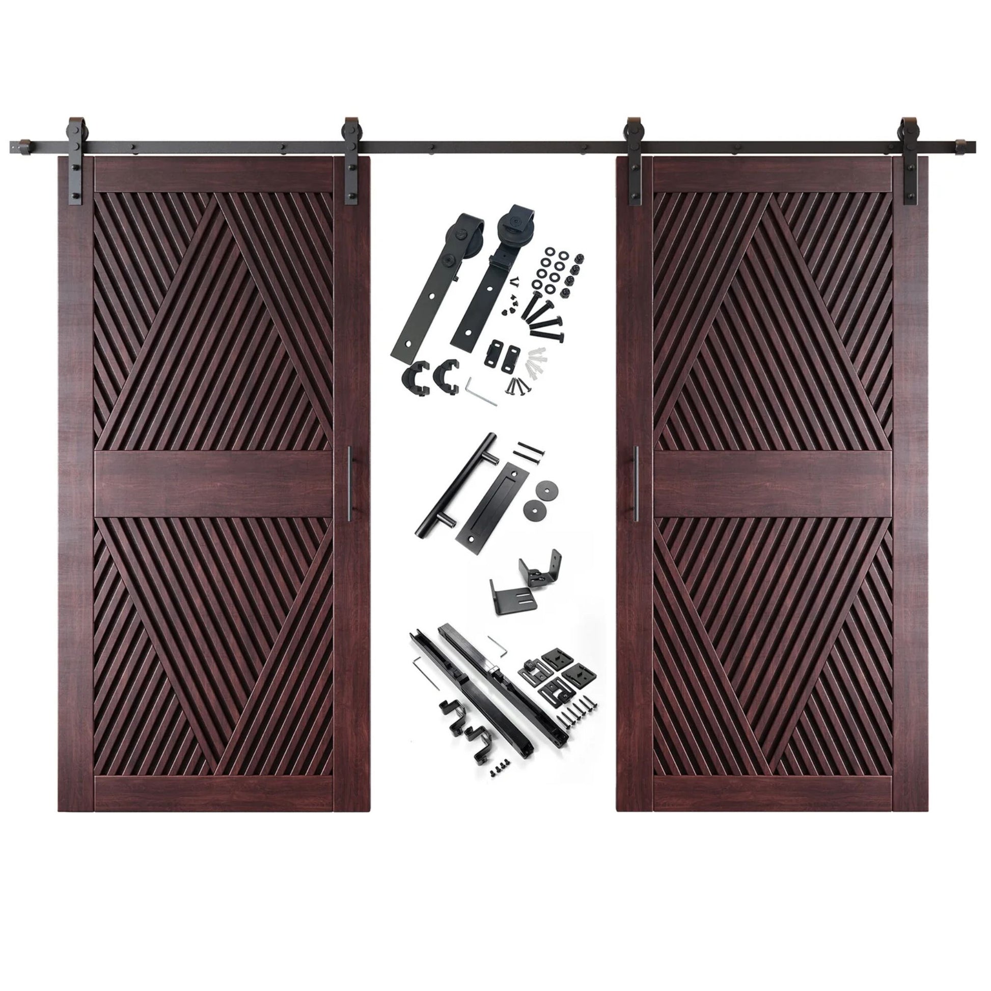 A complete double barn door kit featuring two red mahogany doors with an intricate diamond slat pattern. The black sliding track, rollers, handle, and all mounting components are displayed in the center between the two doors.