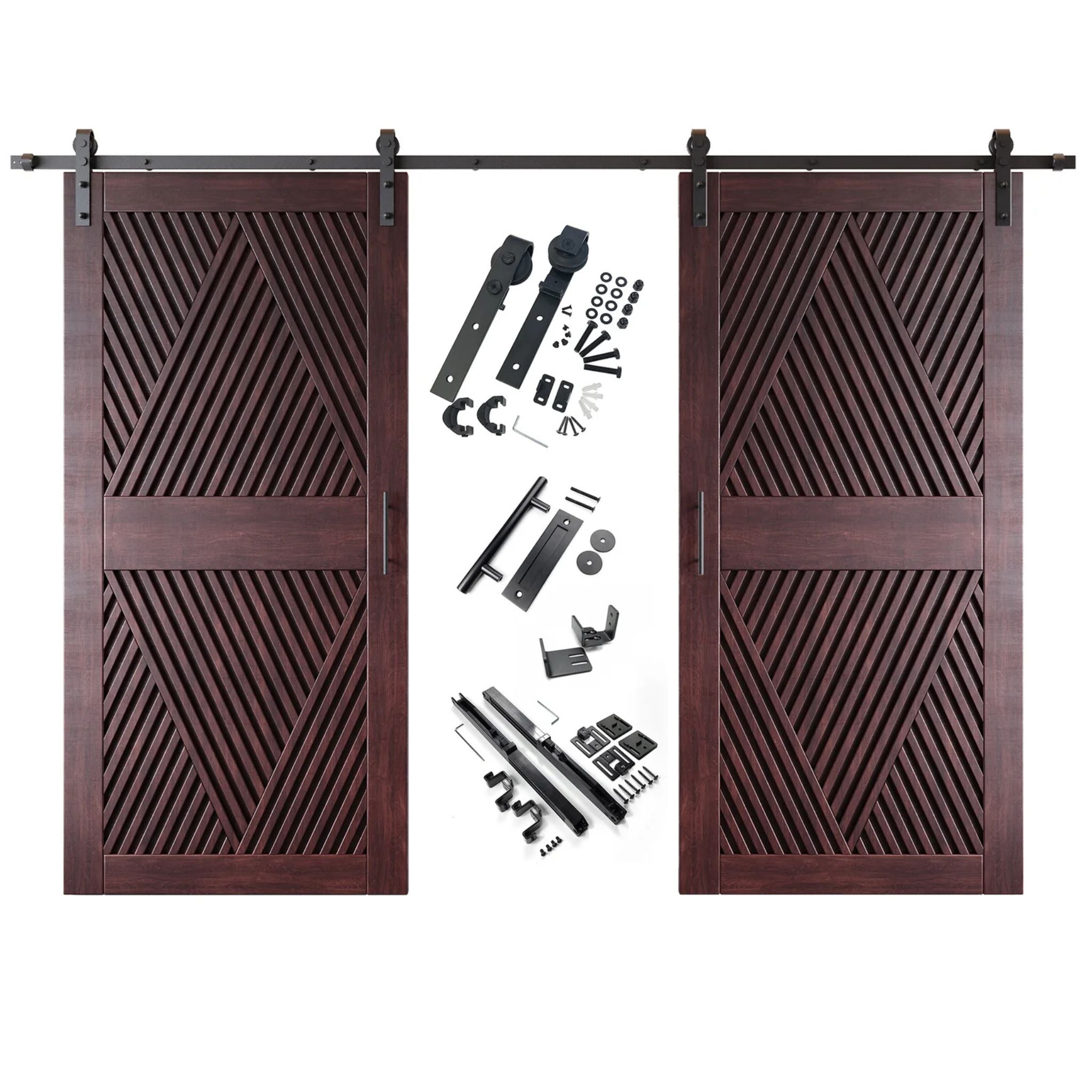A complete double barn door kit featuring two red mahogany doors with an intricate diamond slat pattern. The black sliding track, rollers, handle, and all mounting components are displayed in the center between the two doors.
