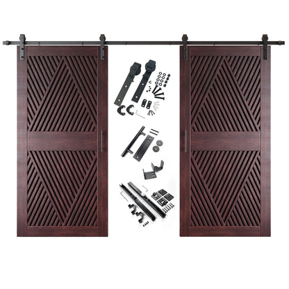 A complete double barn door kit featuring two red mahogany doors with an intricate diamond slat pattern. The black sliding track, rollers, handle, and all mounting components are displayed in the center between the two doors.