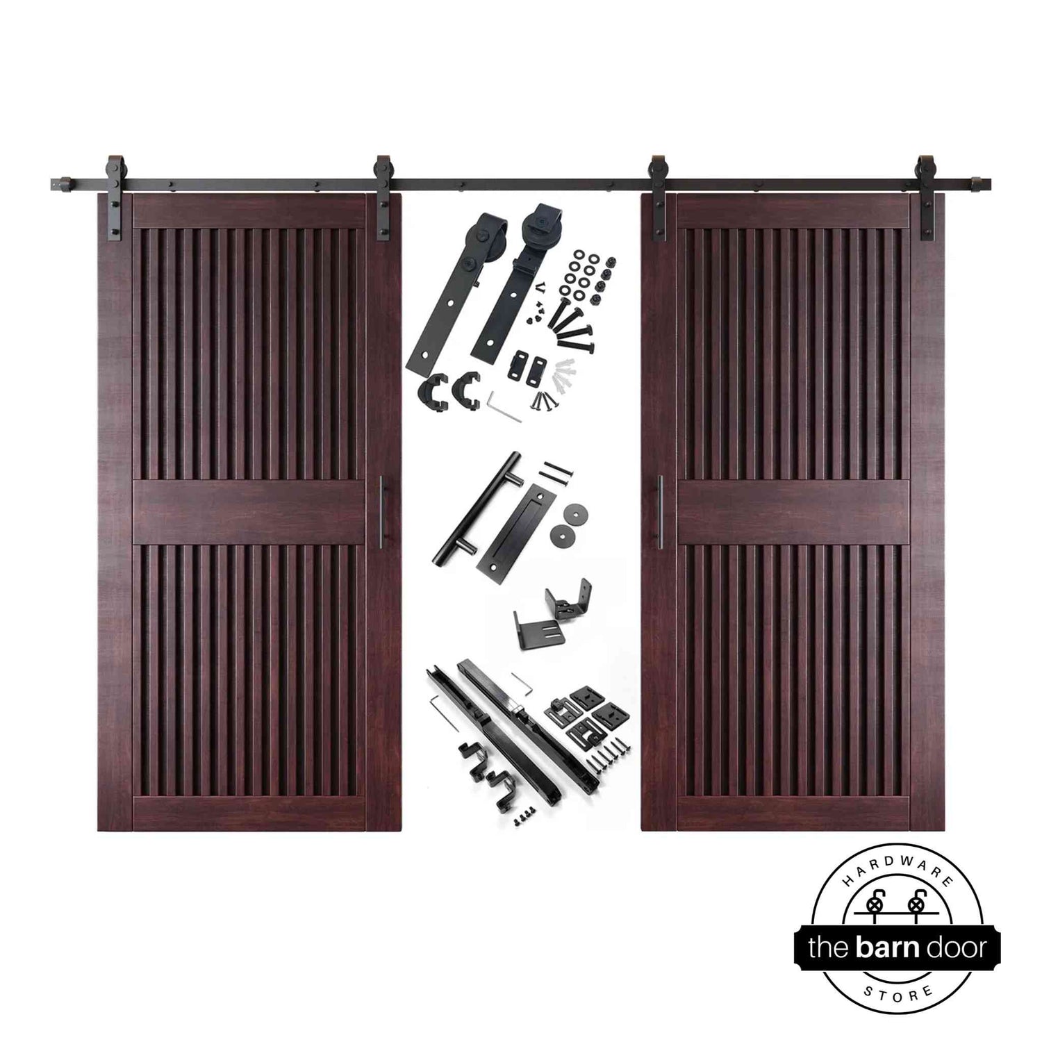 Red mahogany vertical slat barn door set with hardware components on a white background