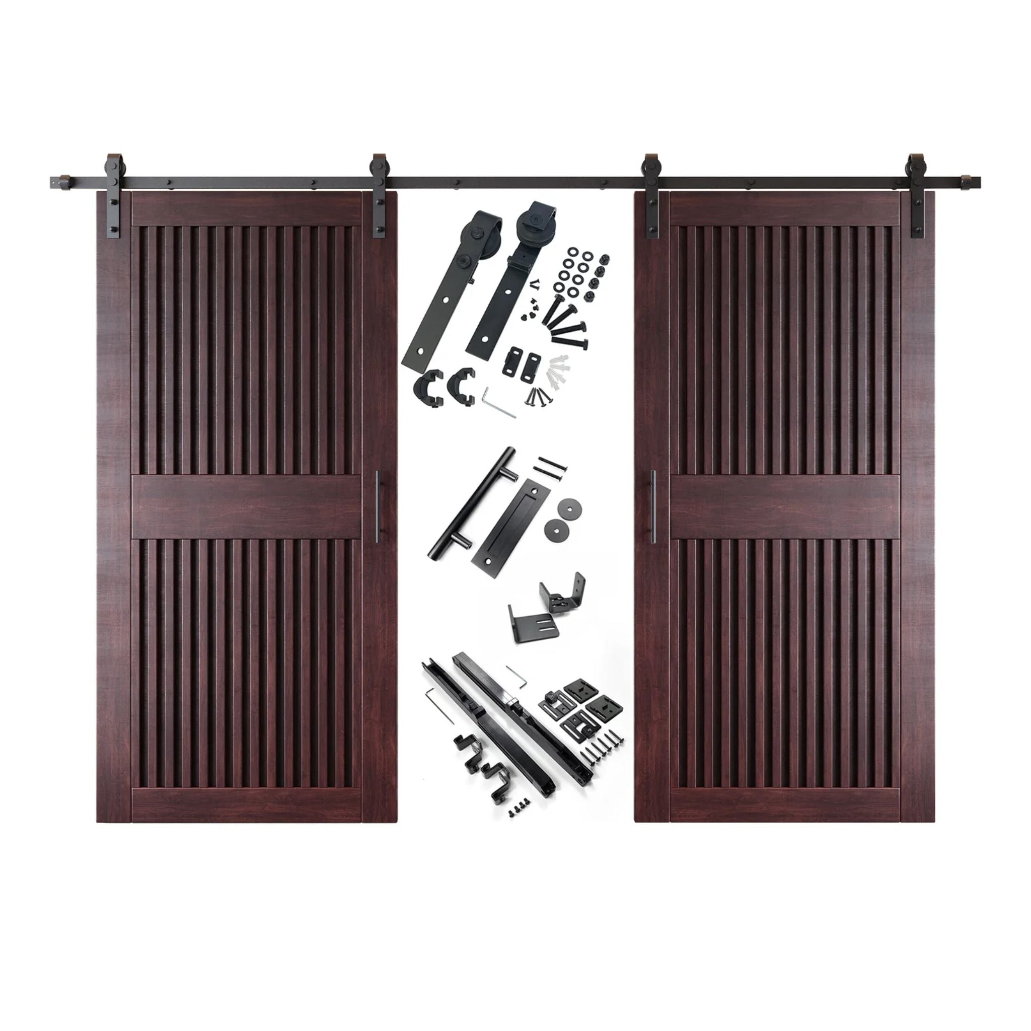 Red mahogany vertical slat barn door set with hardware components on a white background