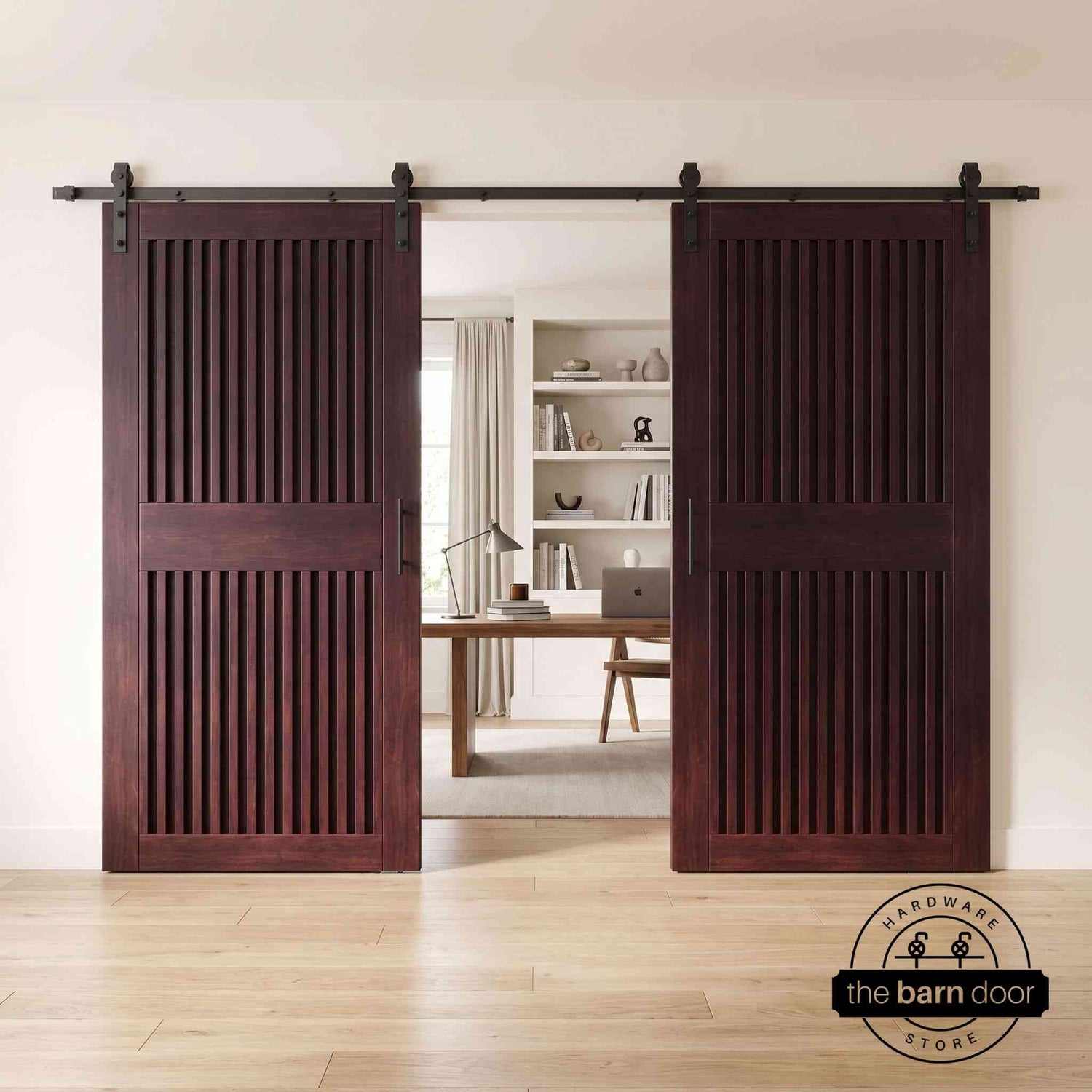 Pair of wooden sliding doors with a modern interior setting.