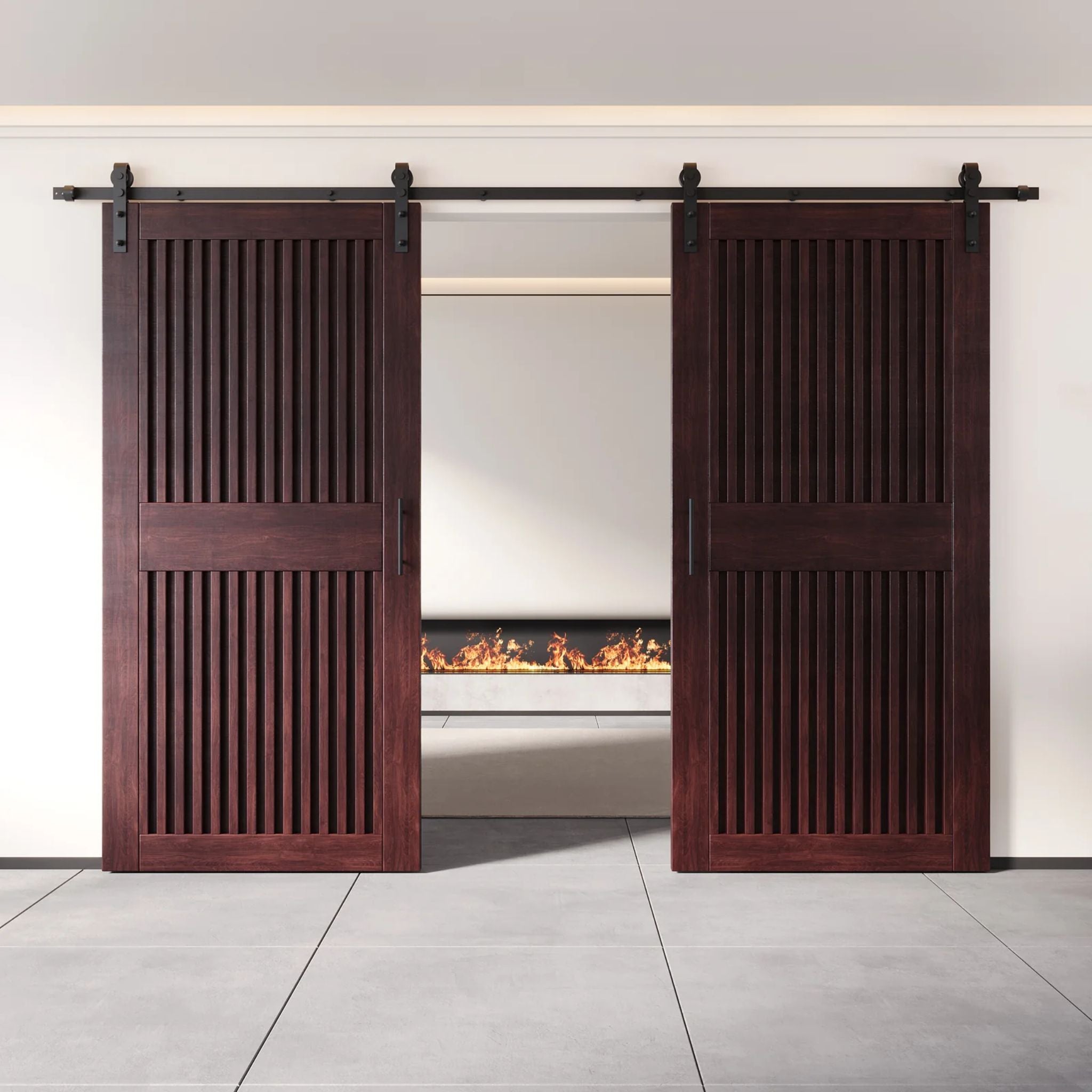 Pair of wooden sliding doors with a modern interior setting.