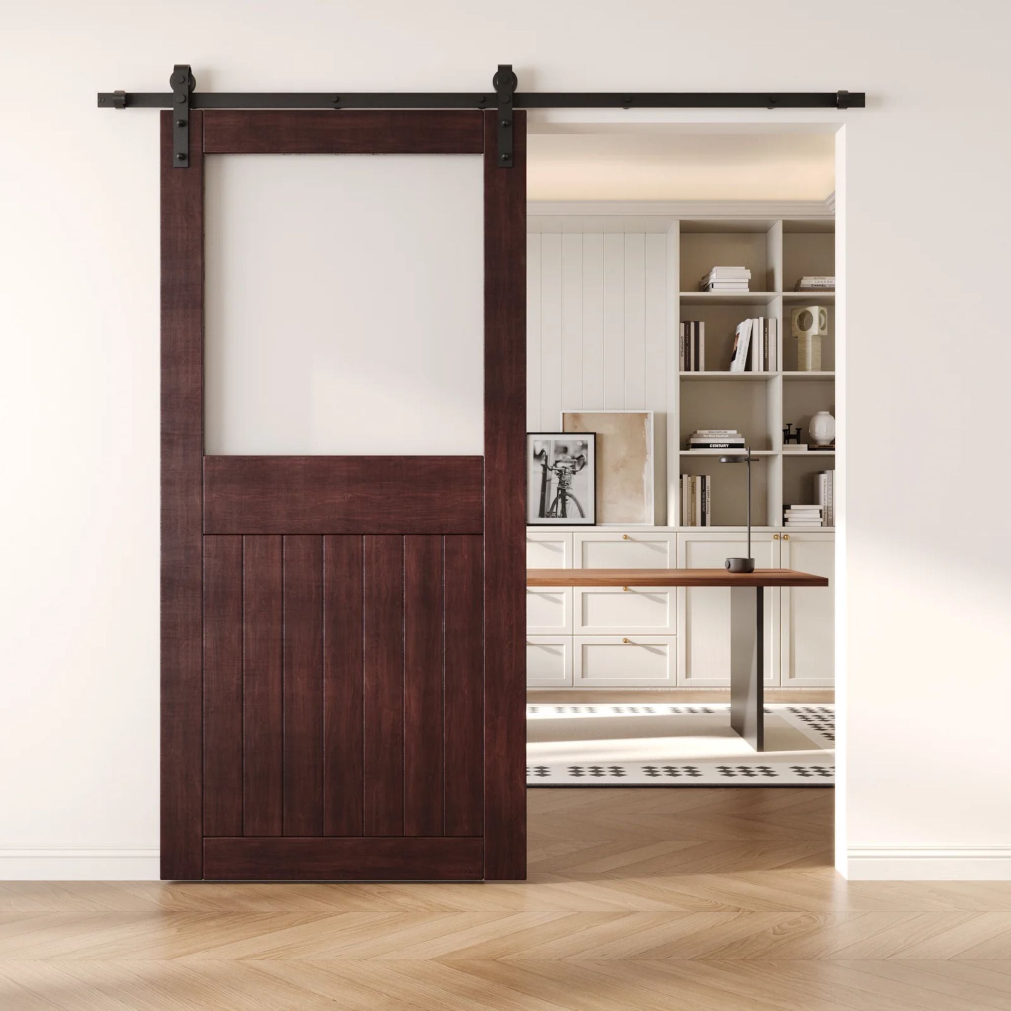 Red Mahogany sliding half-lite frosted glass barn door in a modern interior setting with a desk and shelves.