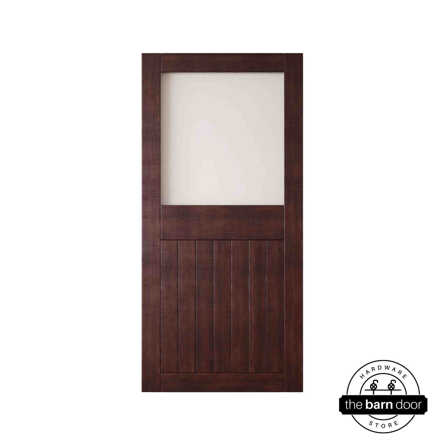 Red mahogany wooden half-lite frosted glass barn door with horizontal slats on a white background