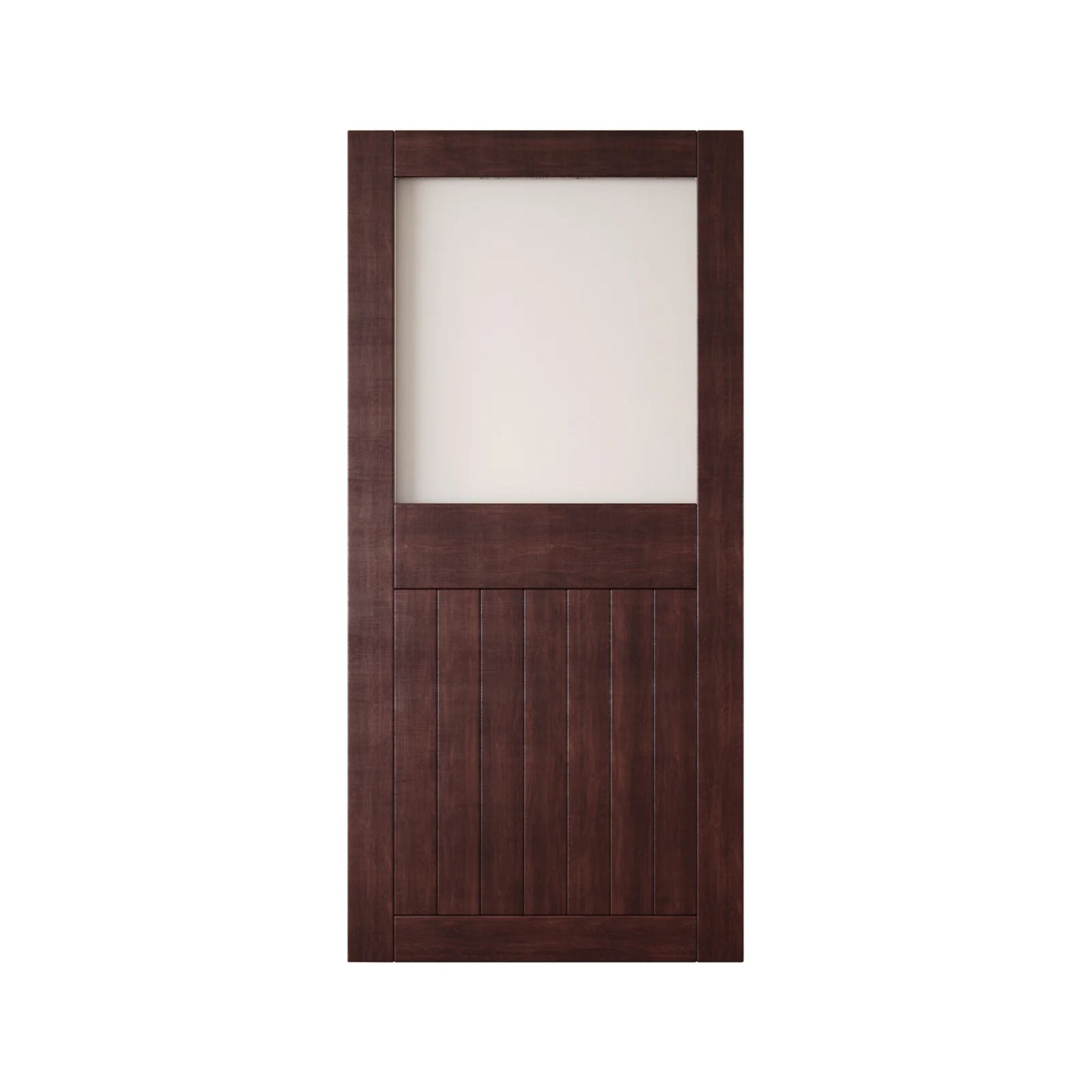 Red mahogany wooden half-lite frosted glass barn door with horizontal slats on a white background