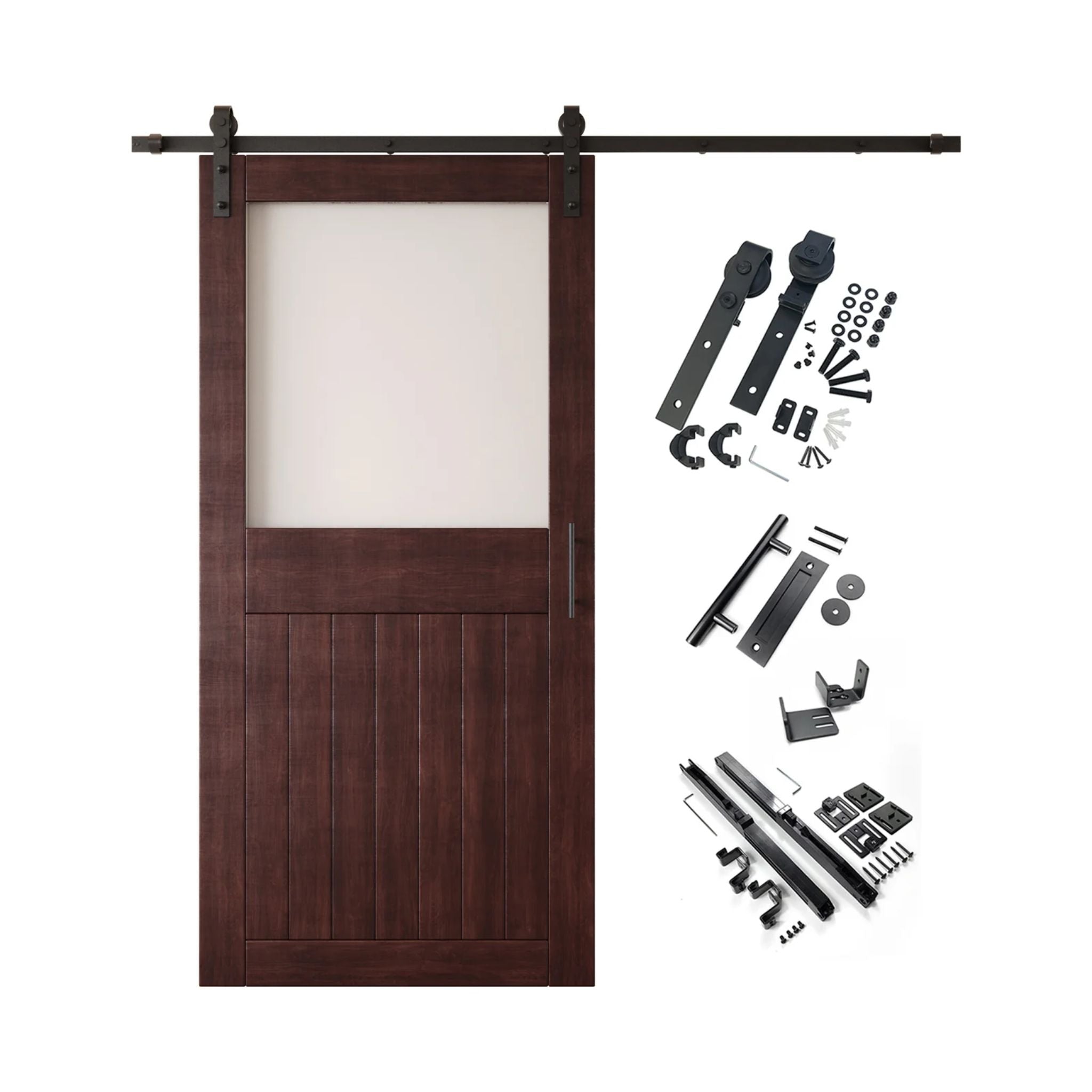 Red mahogany half-lite barn door kit with wooden door, hardware, and components on a white background