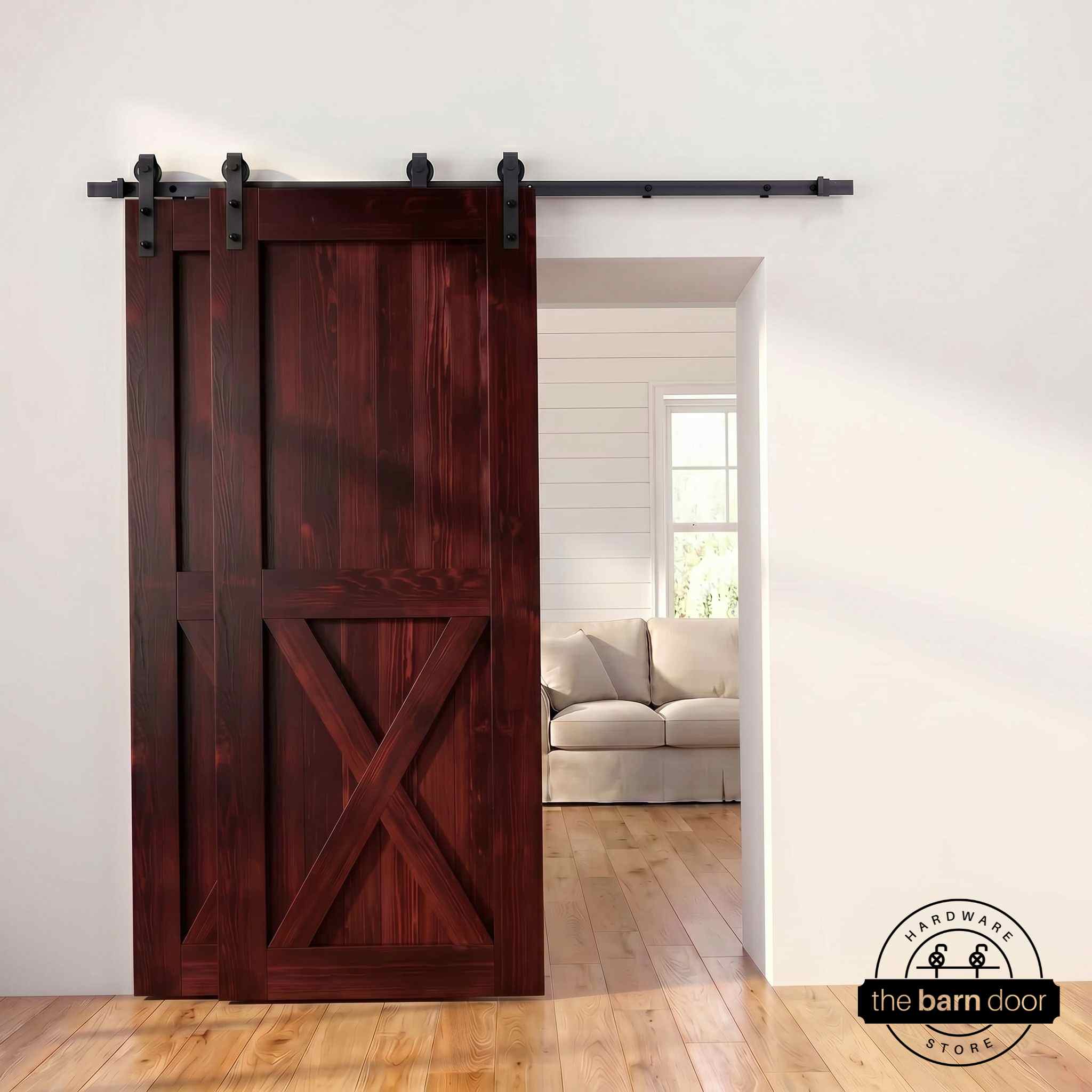 Half-X barn door in red mahogany stain with matte black single bypass sliding hardware
