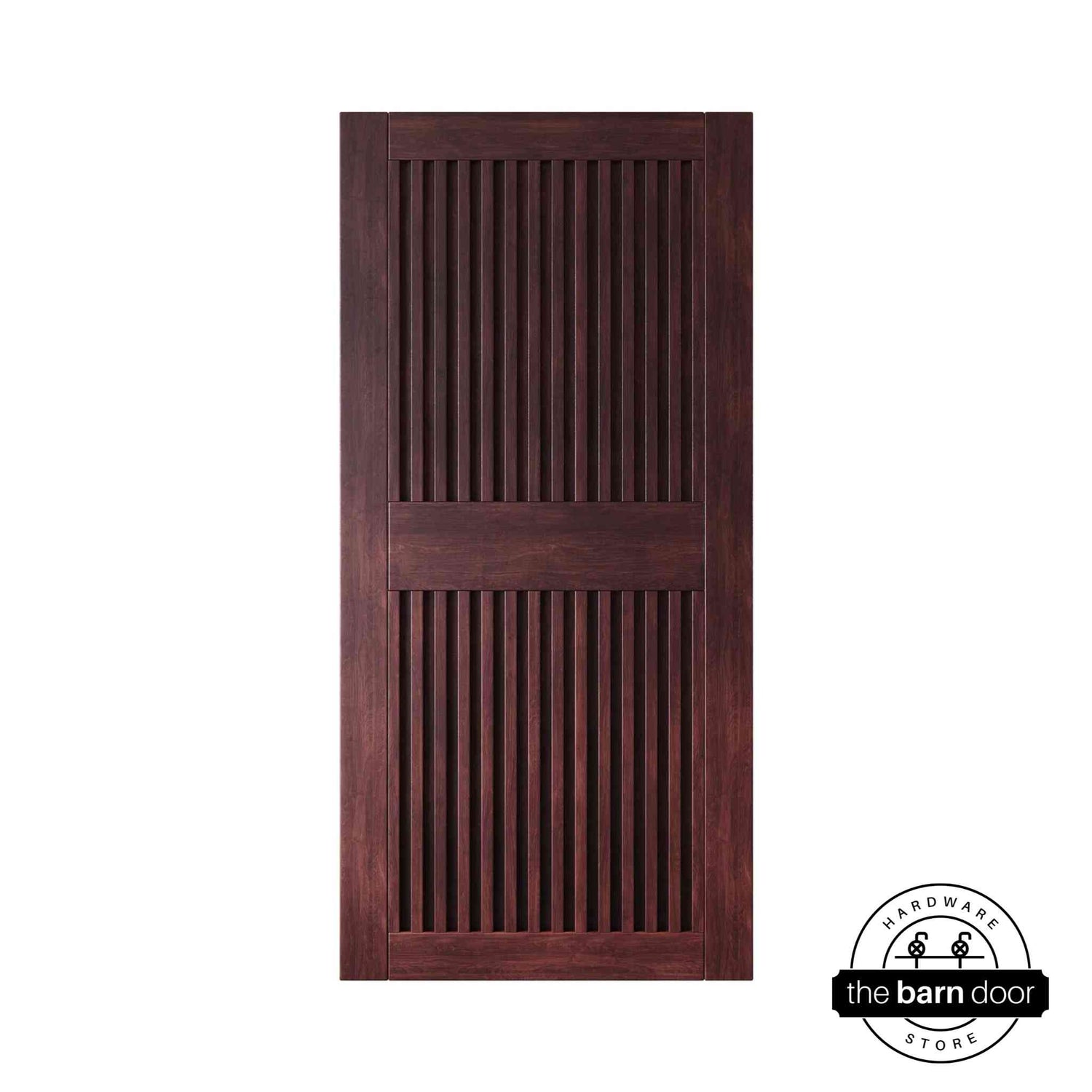 Red mahogany wooden door with slatted design on a white background