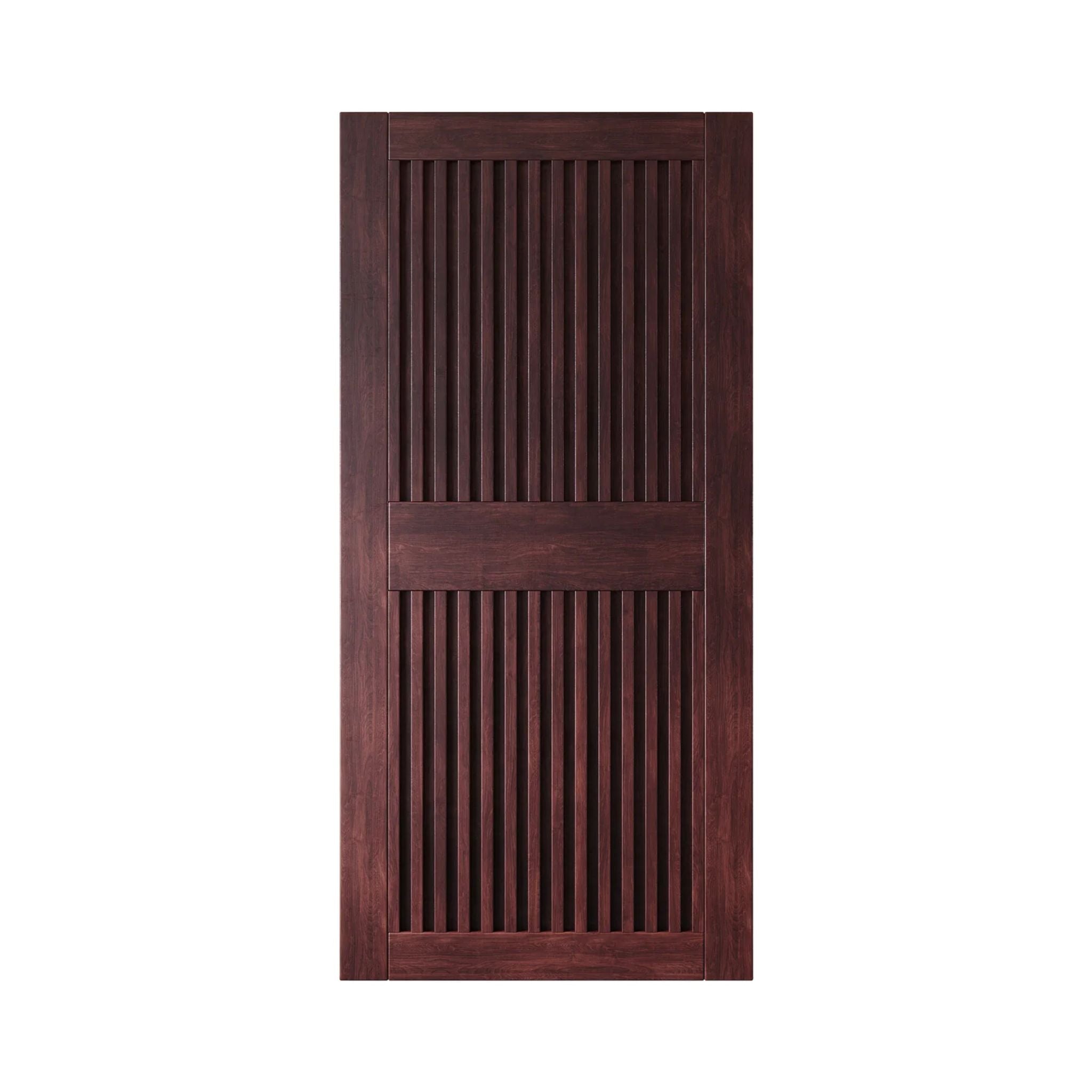 Red mahogany wooden door with slatted design on a white background