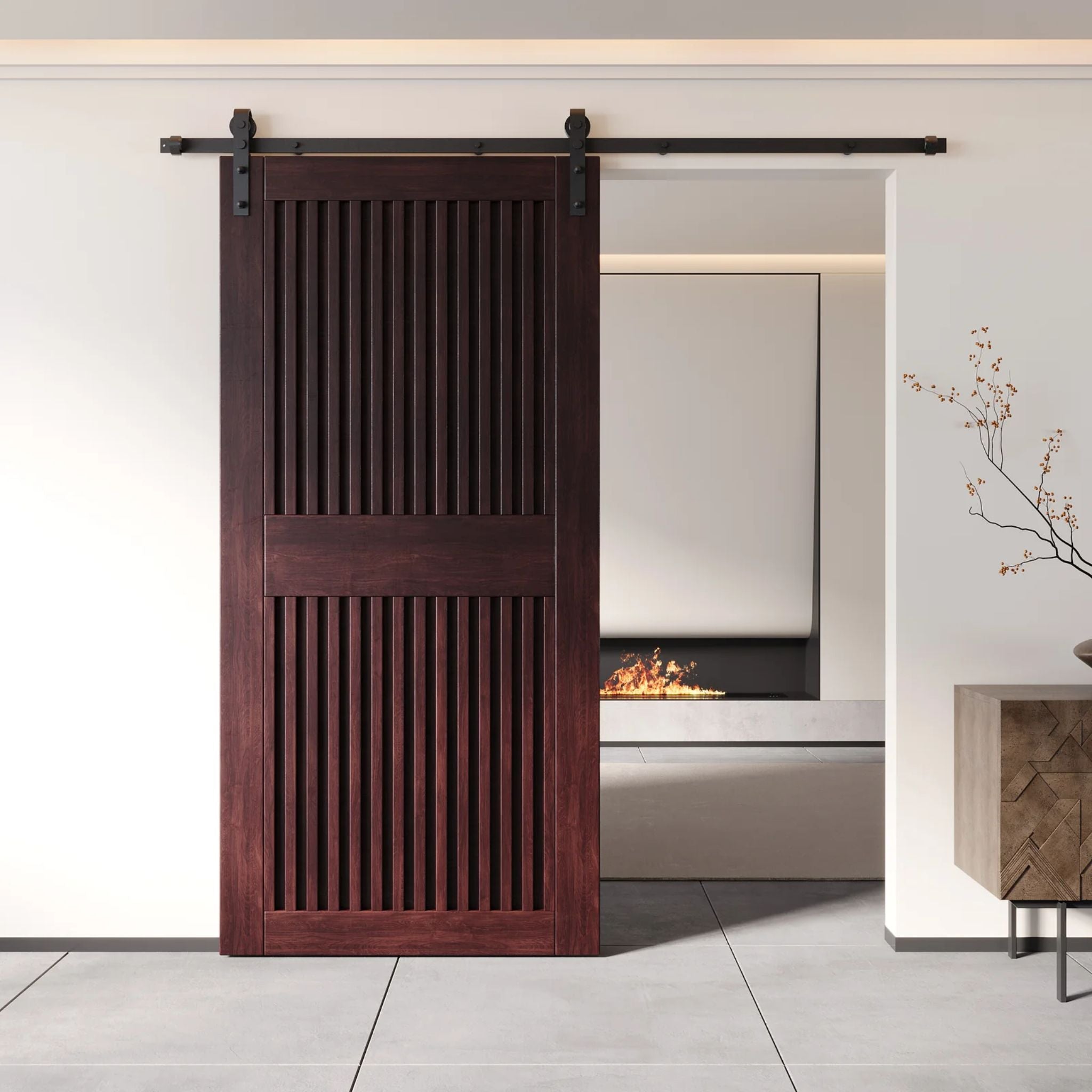 Red mahogany wooden sliding door in a modern interior setting with a fireplace.