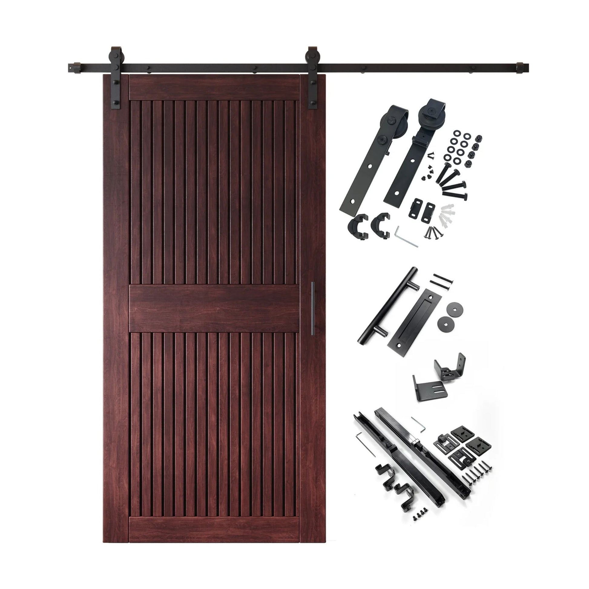 A complete barn door hardware kit featuring a red mahogany vertical plank barn door with a horizontal middle rail, black sliding track, rollers, handle, and all mounting components displayed next to the door.
