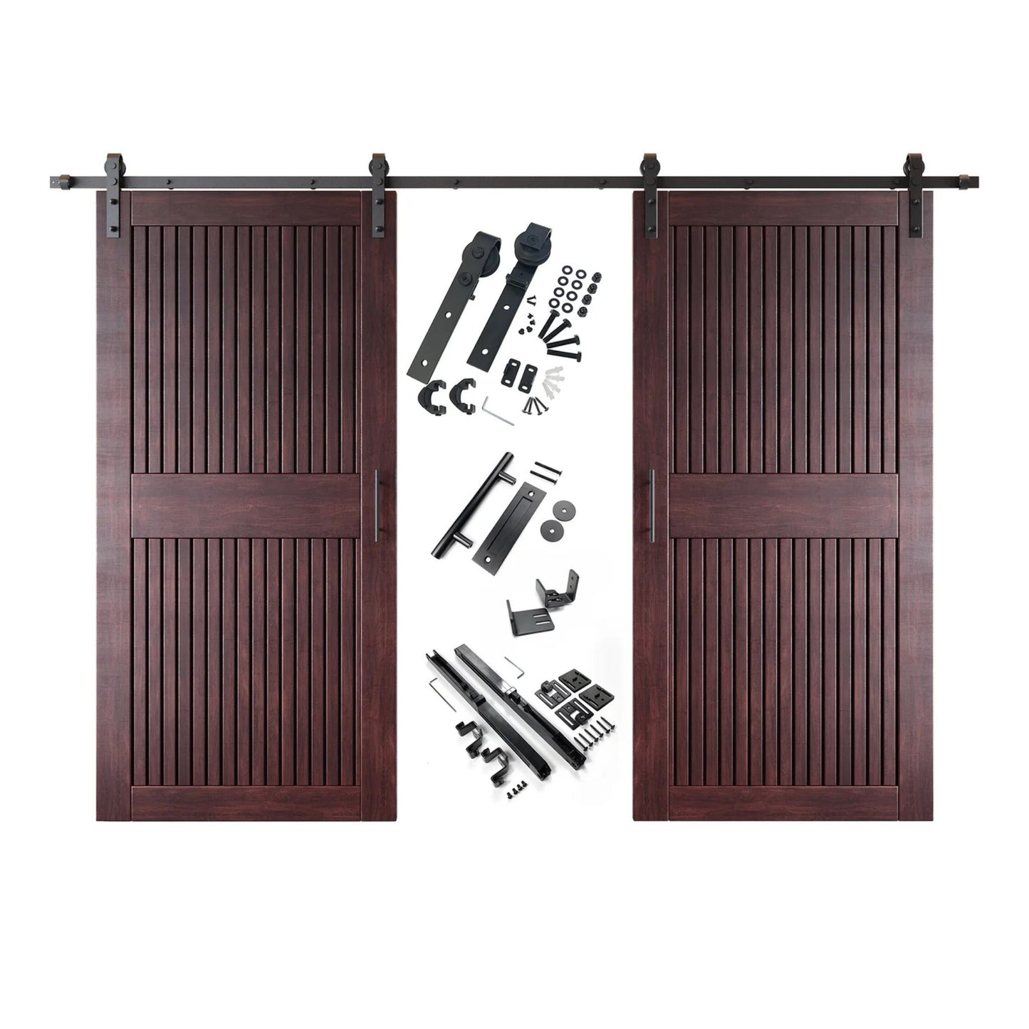 A complete double barn door kit featuring two red mahogany-stained vertical slat doors with horizontal middle rails, black sliding track, rollers, handles, and all mounting components displayed in the center.