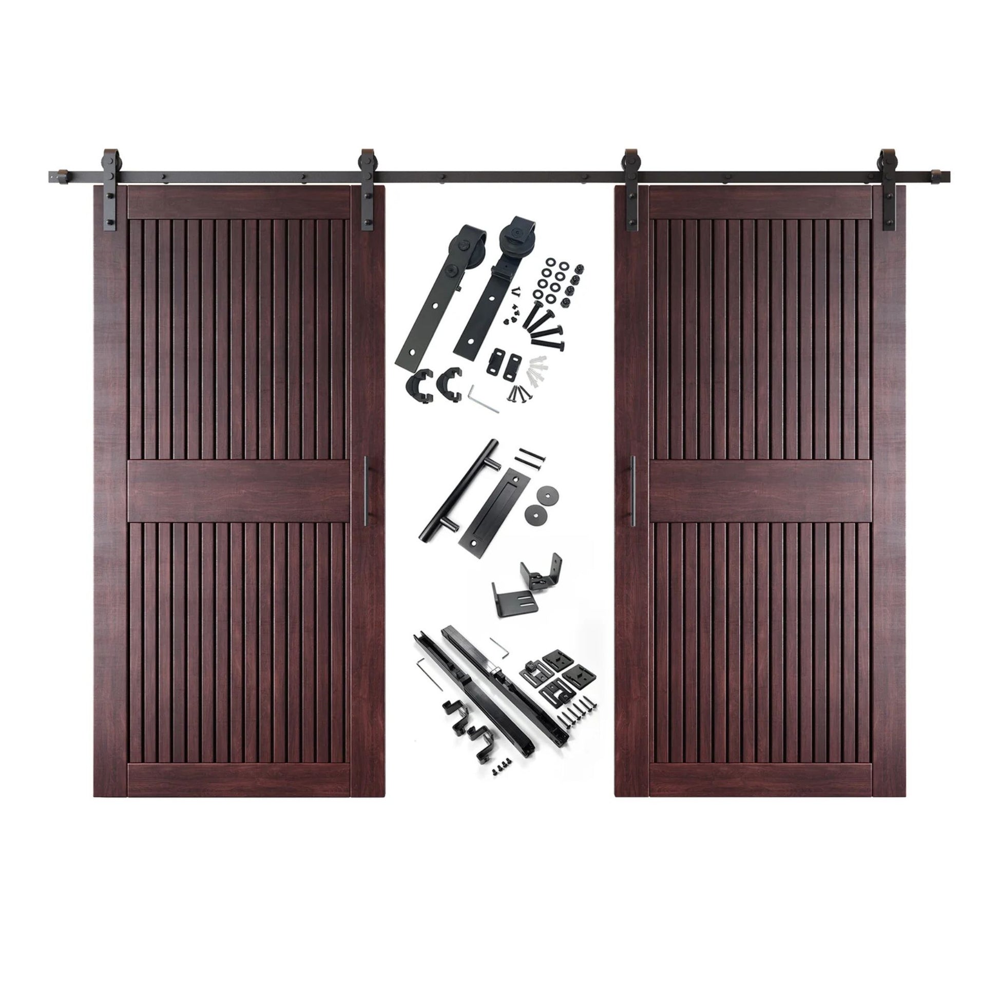 A complete double barn door kit featuring two red mahogany-stained vertical slat doors with horizontal middle rails, black sliding track, rollers, handles, and all mounting components displayed in the center.