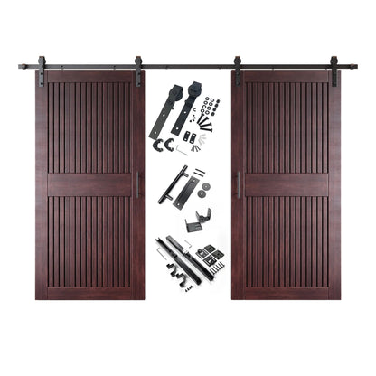A complete double barn door kit featuring two red mahogany-stained vertical slat doors with horizontal middle rails, black sliding track, rollers, handles, and all mounting components displayed in the center.