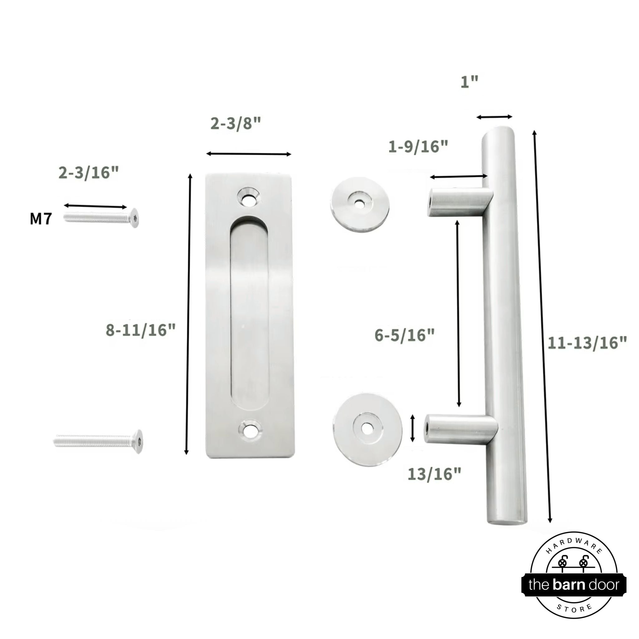 Stainless steel door handle and latch set with dimensions labeled on a white background
