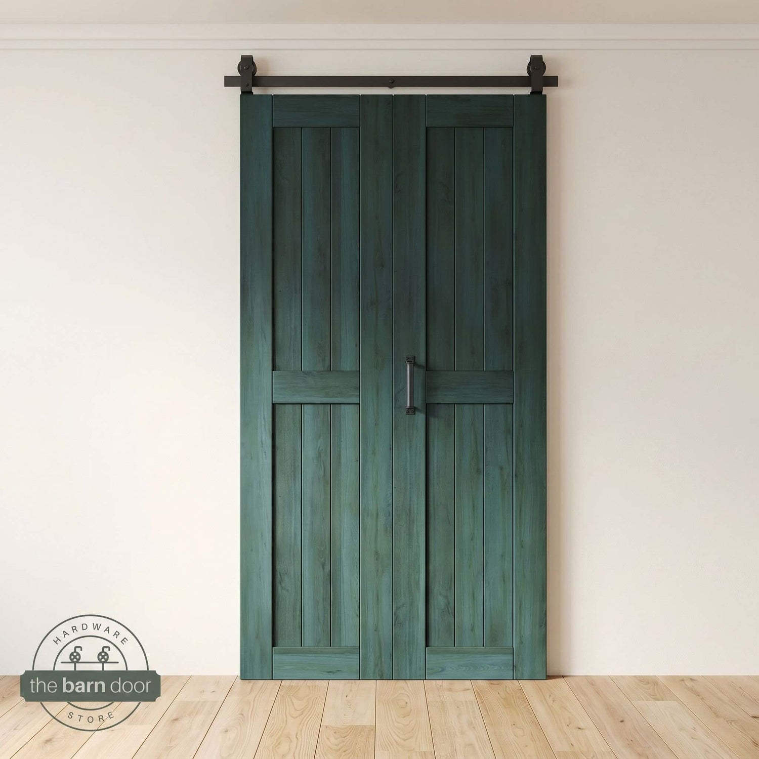 Two-panel bifold barn door in Royal Pine finish, installed and fully closed in a modern interior, showing the top-mount Matte Black track.