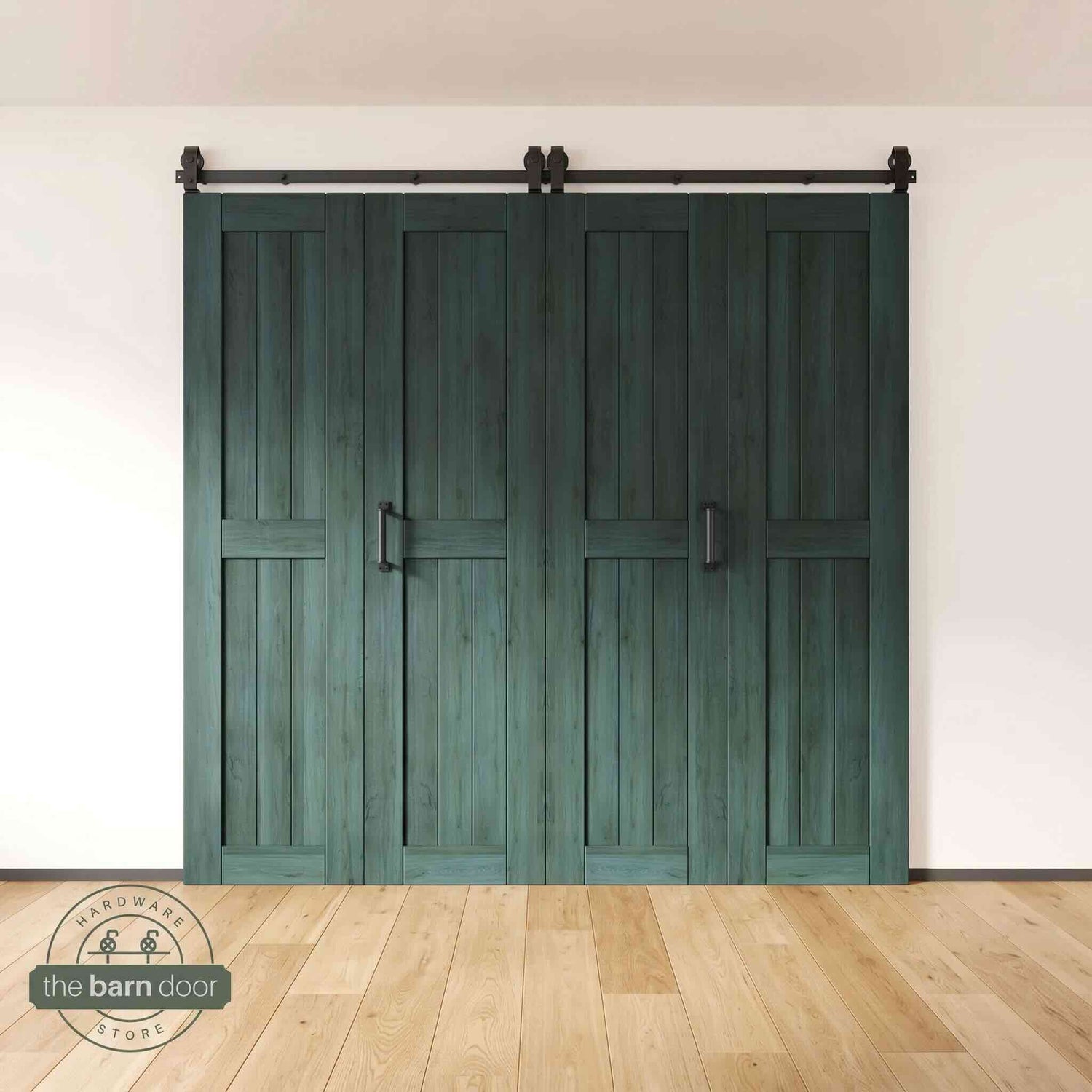Four-panel bi-parting bifold barn door in a royal pine finish, fully closed in a modern entryway, showing the top-mount Matte Black track.