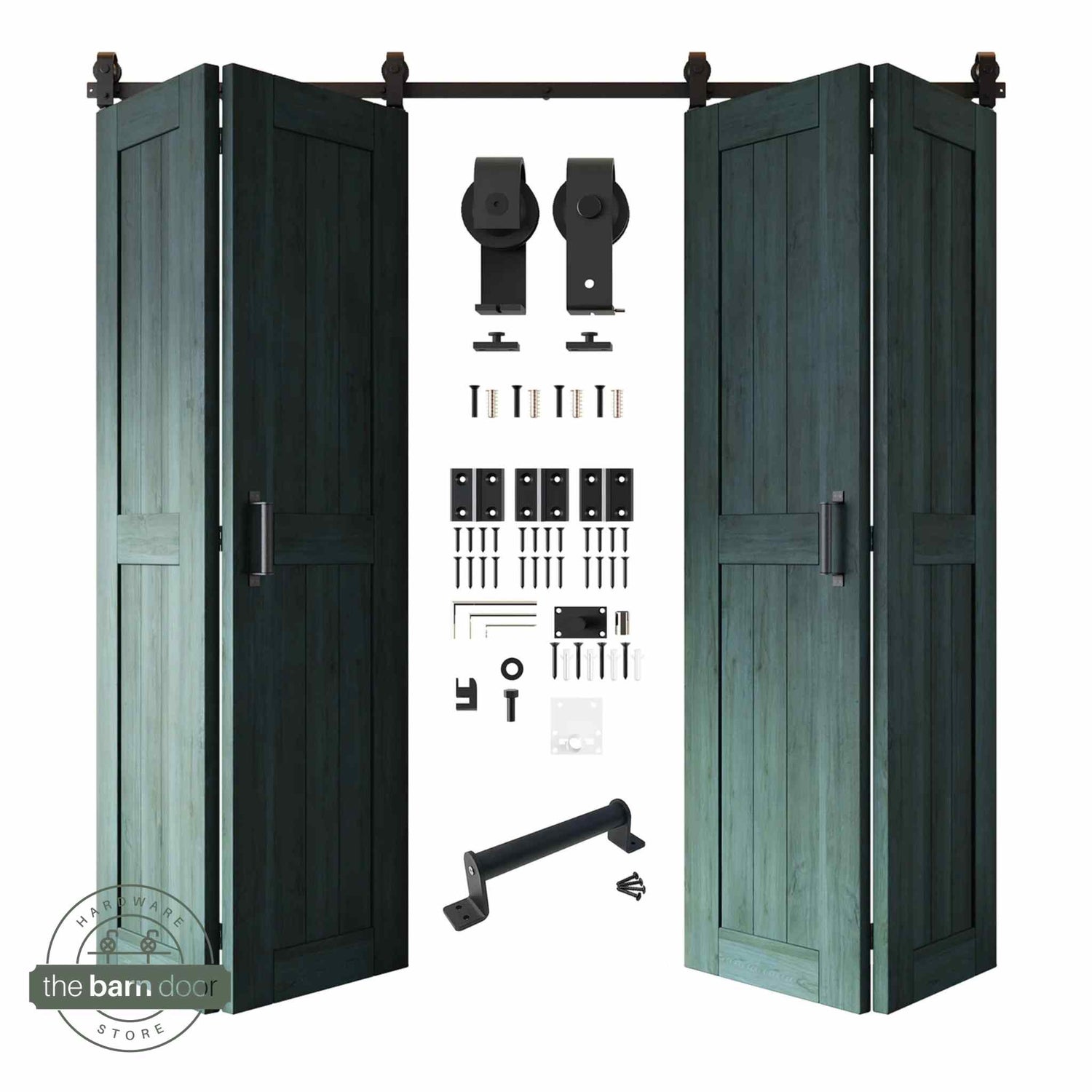 Full kit contents: Four open and partially folded royal pine bifold door panels shown with all accompanying Matte Black top-mount hardware components.