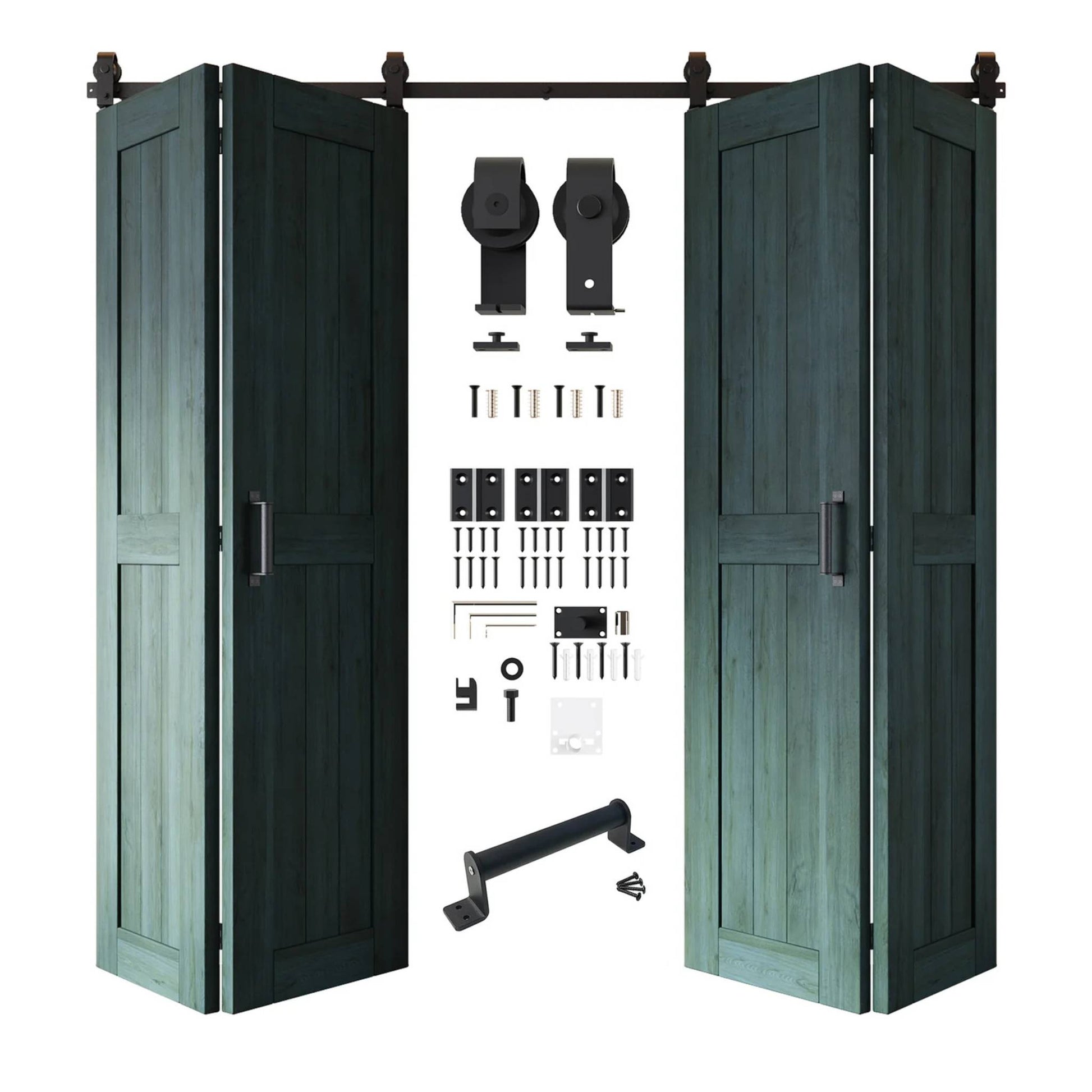 Full kit contents: Four open and partially folded royal pine bifold door panels shown with all accompanying Matte Black top-mount hardware components.