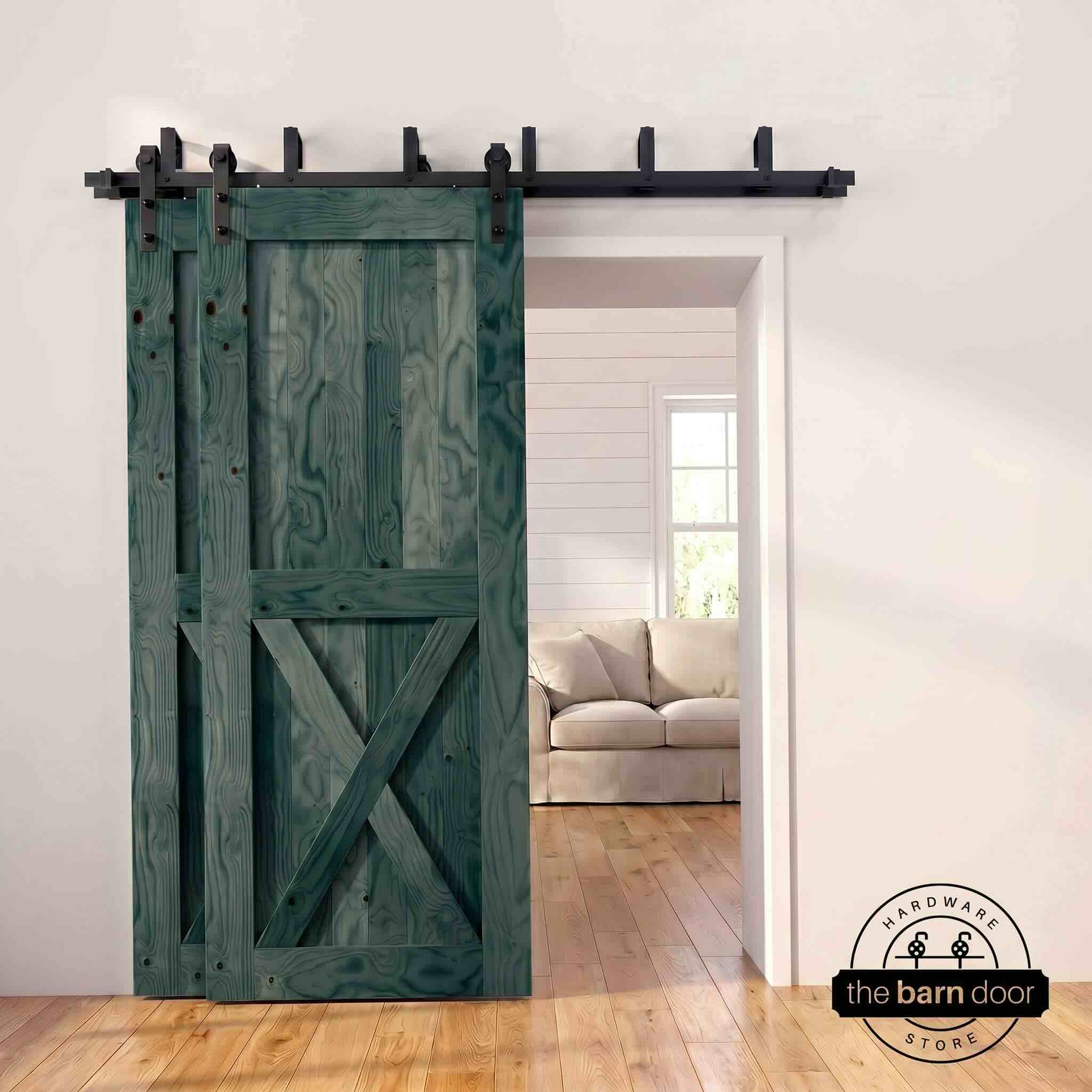 Royal pine bypass barn door with  black hardware track, mounted over living room entryway