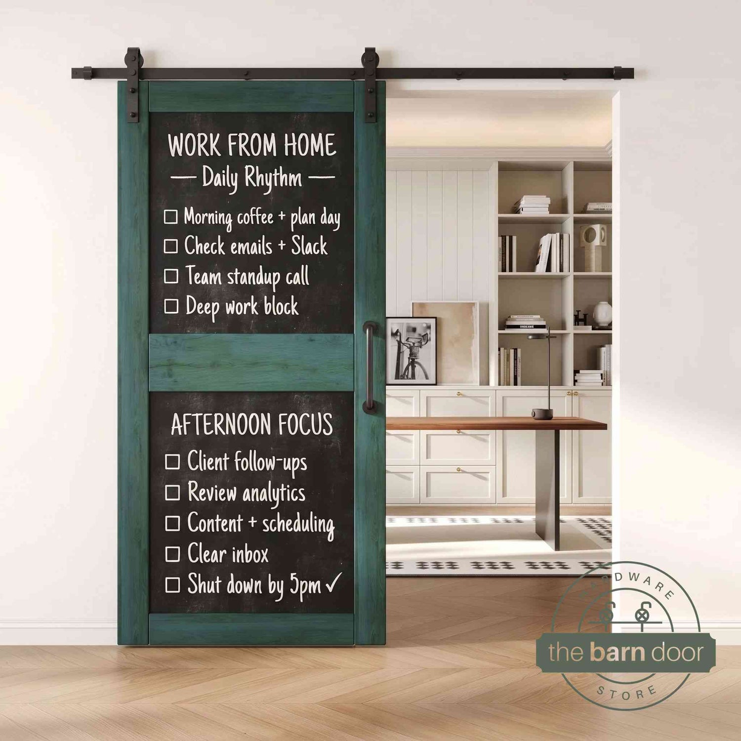 A royal pine two-panel chalkboard barn door mounted on a sleek black sliding track, shown partially open to reveal a modern home office with built-in white shelving.