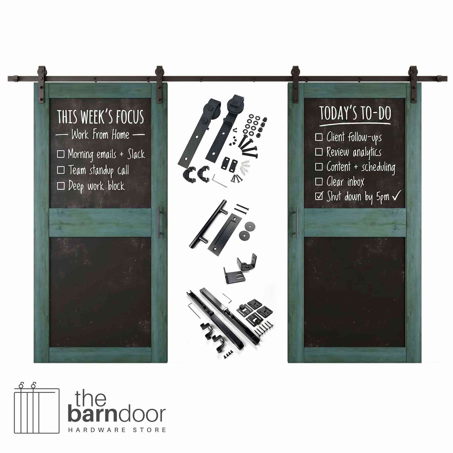 Royal pine barn door set with black chalkboard panels and hardware components on a white background