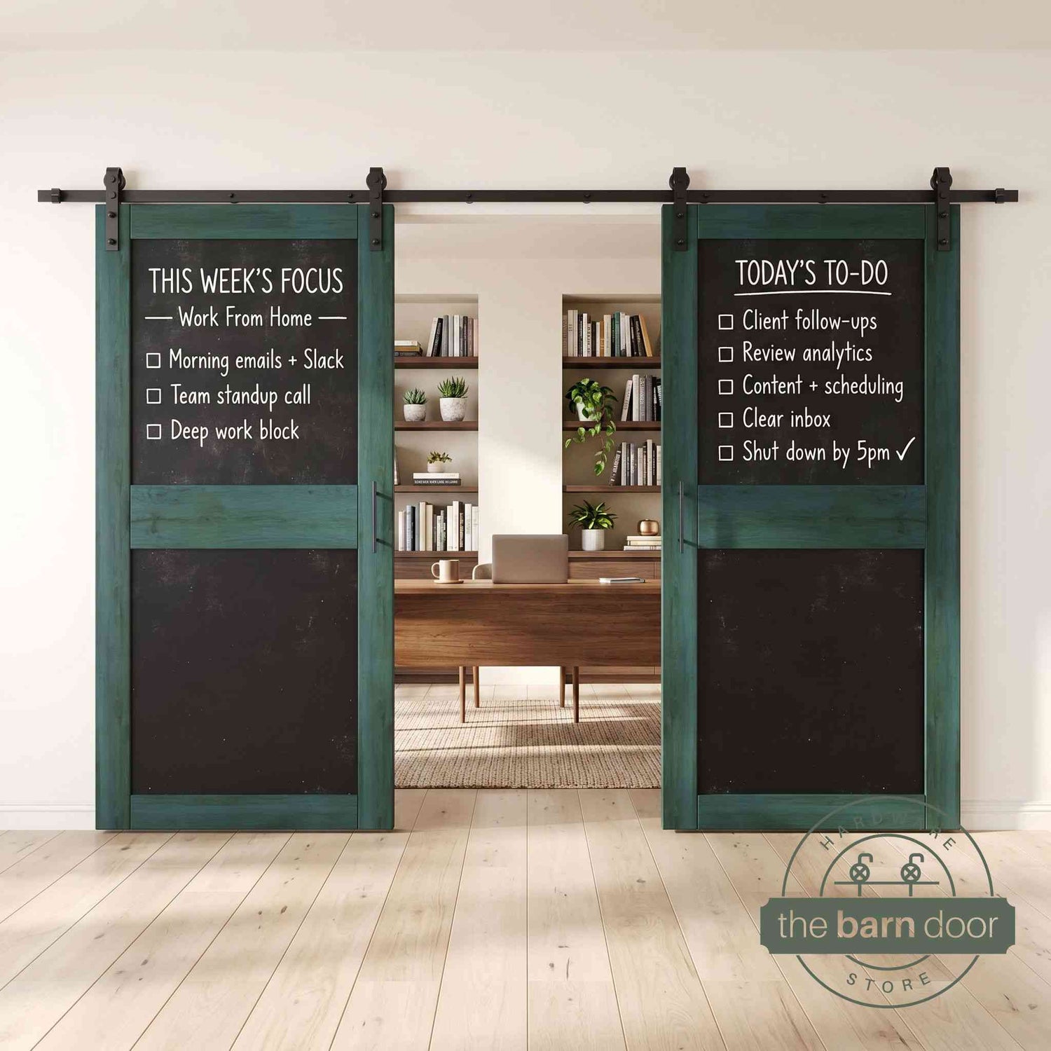 Royal pine barn doors with black chalkboard surfaces in a modern interior setting
