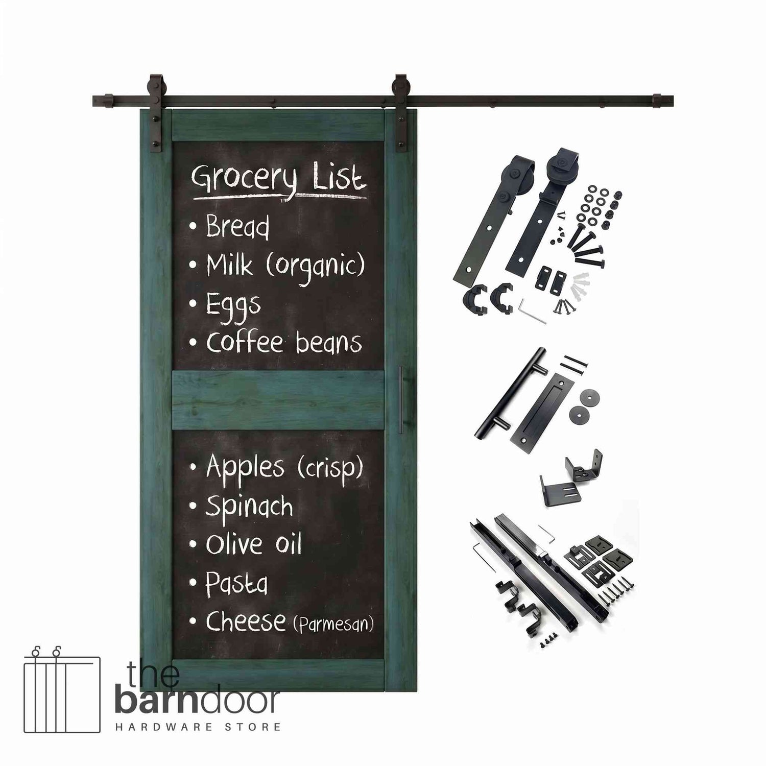 Royal pine barn door kit with black chalkboard surface and hardware components on a white background