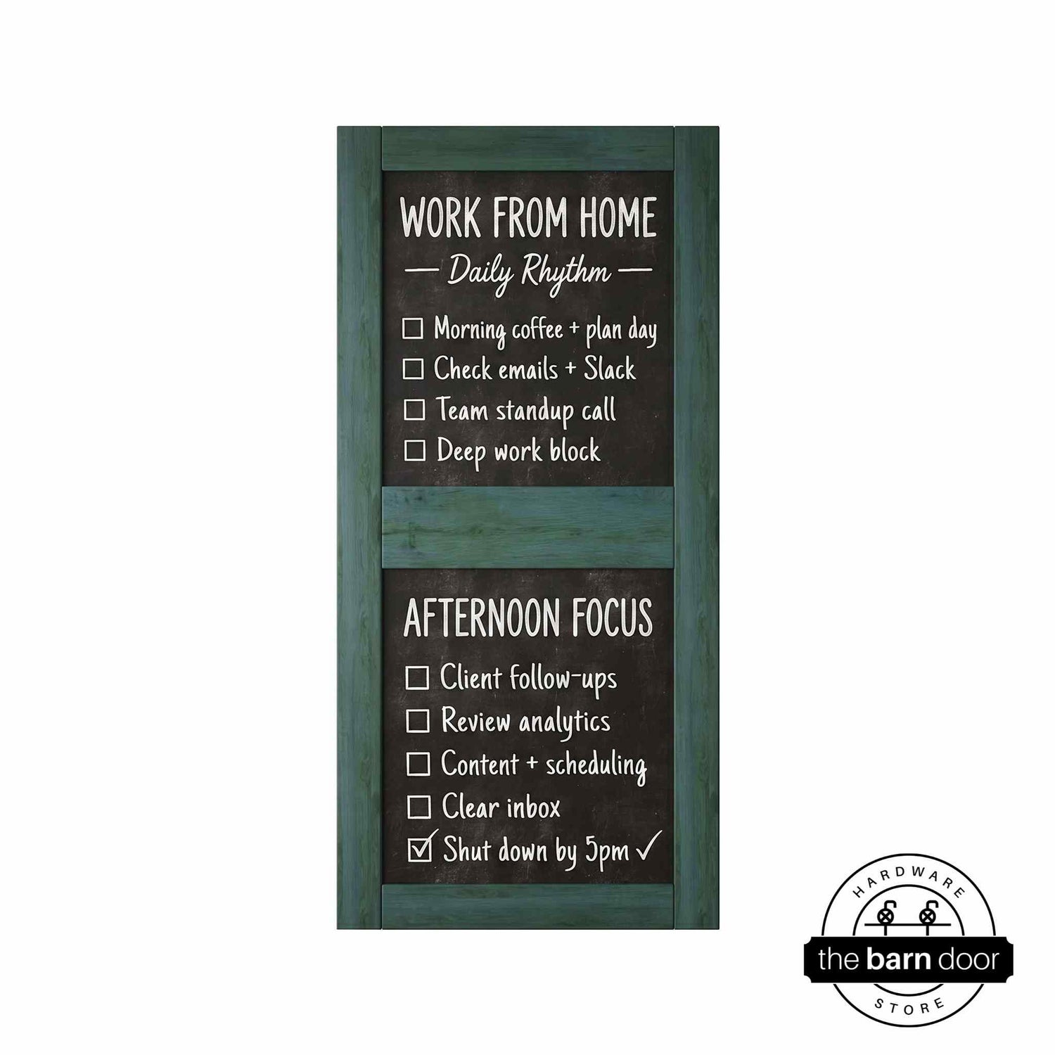 Front view of a vertical royal pine chalkboard door with two panels.