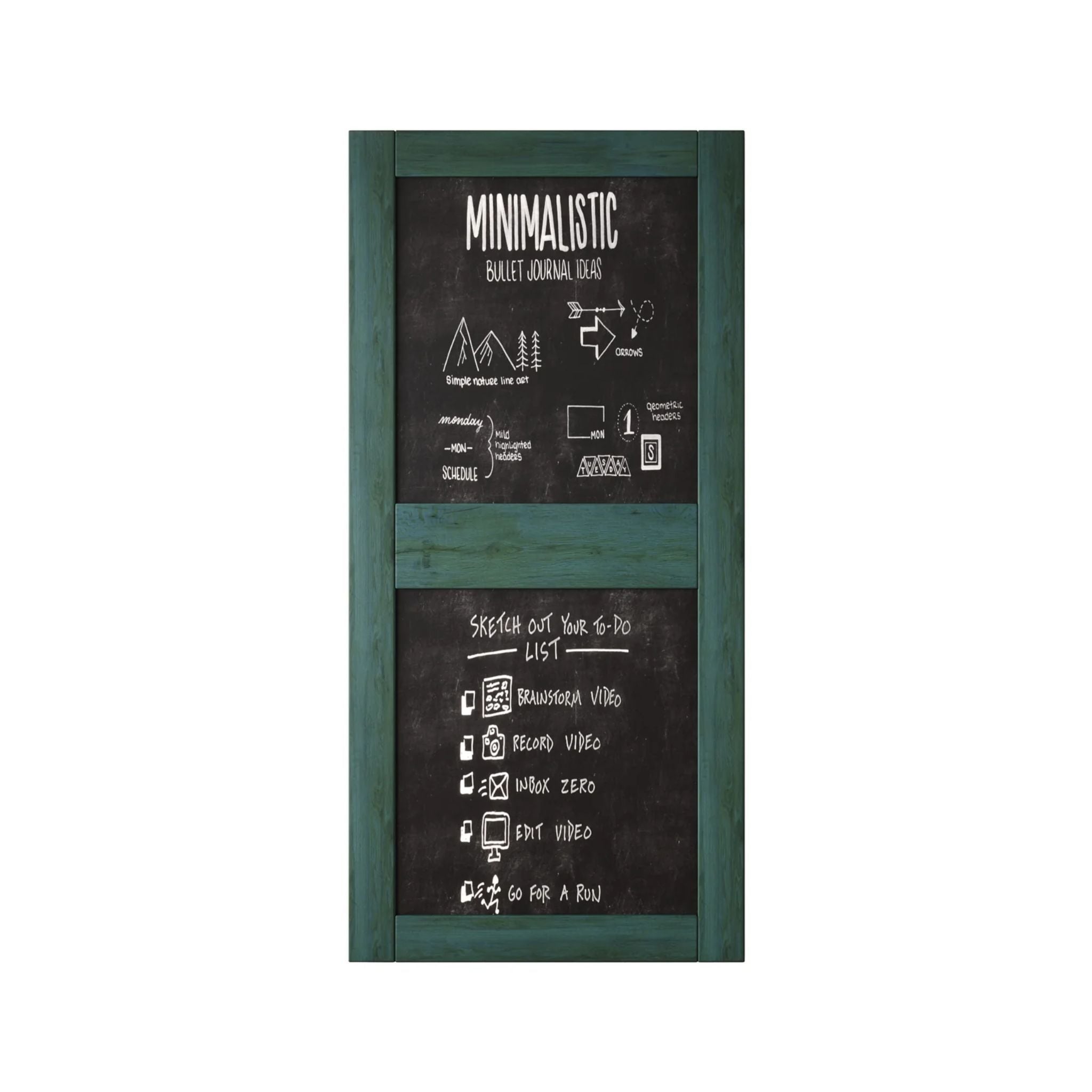 Front view of a vertical royal pine chalkboard door with two panels.