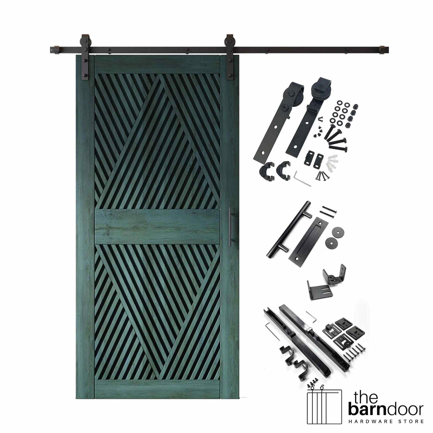 A complete barn door hardware kit featuring a striking royal pine barn door with an intricate, open diamond slat pattern, black sliding track, rollers, handle, and all mounting components displayed next to the door.