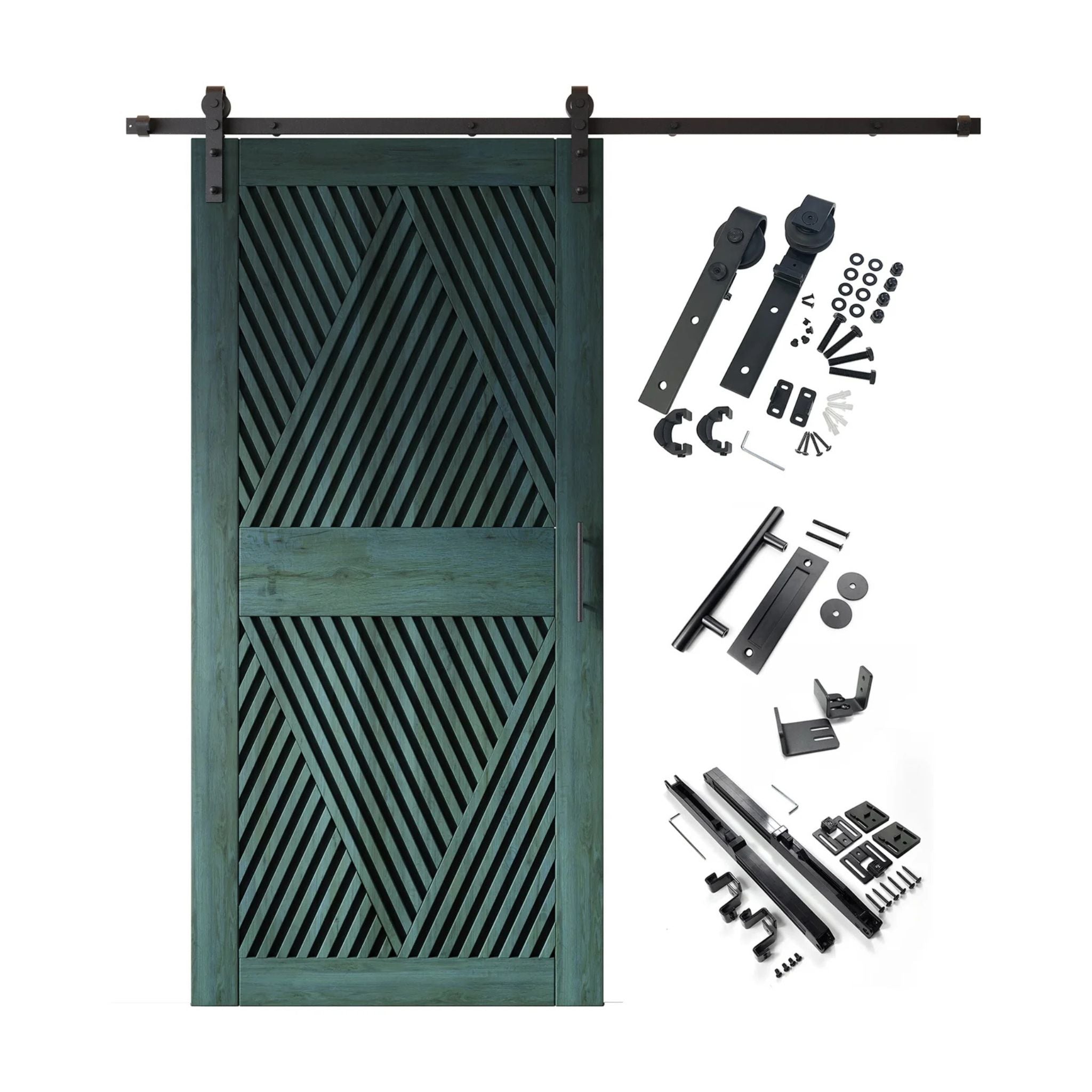 A complete barn door hardware kit featuring a striking royal pine barn door with an intricate, open diamond slat pattern, black sliding track, rollers, handle, and all mounting components displayed next to the door.