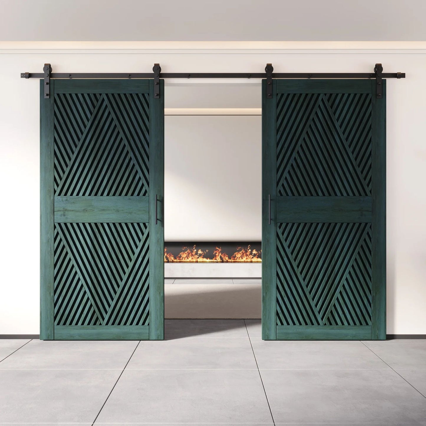 Two fully closed double barn doors in a royal pine finish, featuring a bold, intricate diamond slat pattern. The doors are installed with black sliding hardware against a white wall, revealing a modern linear fireplace in the space behind them.