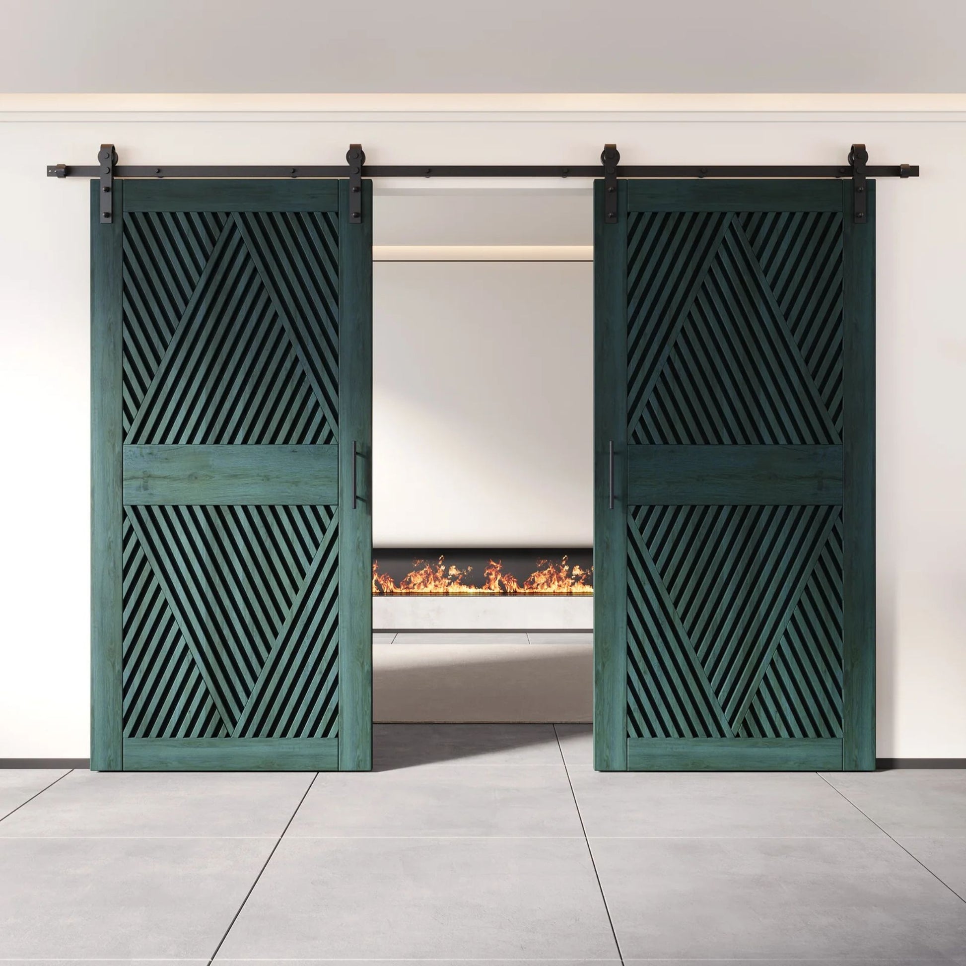 Two fully closed double barn doors in a royal pine finish, featuring a bold, intricate diamond slat pattern. The doors are installed with black sliding hardware against a white wall, revealing a modern linear fireplace in the space behind them.