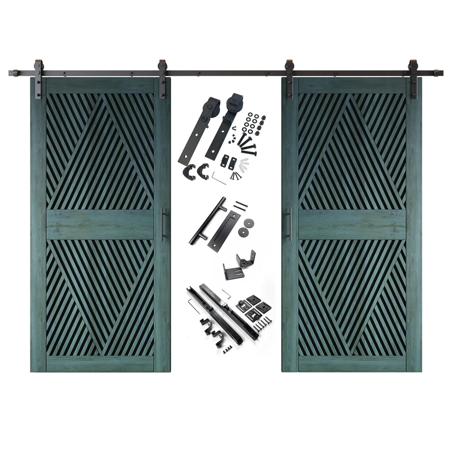 A complete double barn door kit featuring two royal pine doors with an intricate diamond slat pattern. The black sliding track, rollers, handle, and all mounting components are displayed in the center between the two doors.