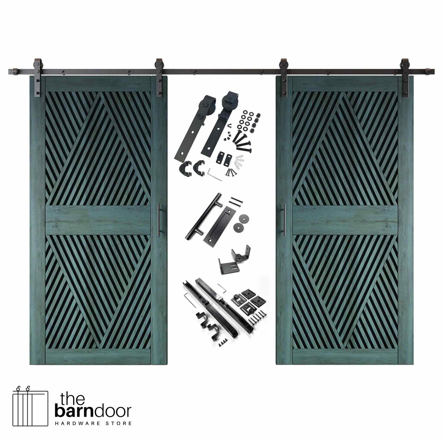 A complete double barn door kit featuring two royal pine doors with an intricate diamond slat pattern. The black sliding track, rollers, handle, and all mounting components are displayed in the center between the two doors.