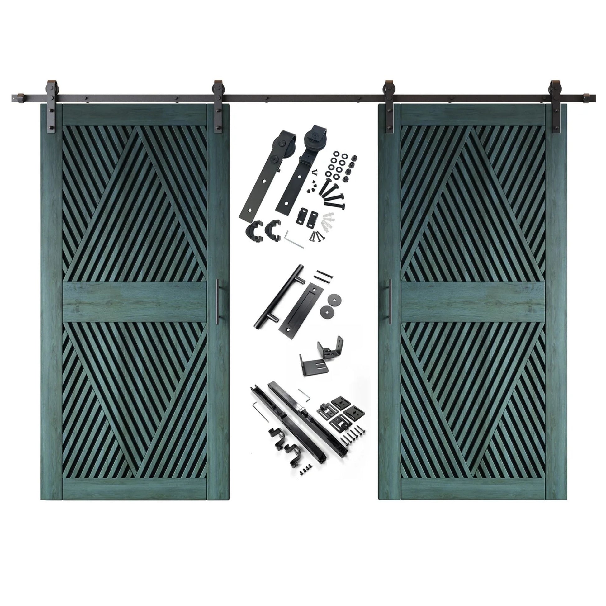 A complete double barn door kit featuring two royal pine doors with an intricate diamond slat pattern. The black sliding track, rollers, handle, and all mounting components are displayed in the center between the two doors.