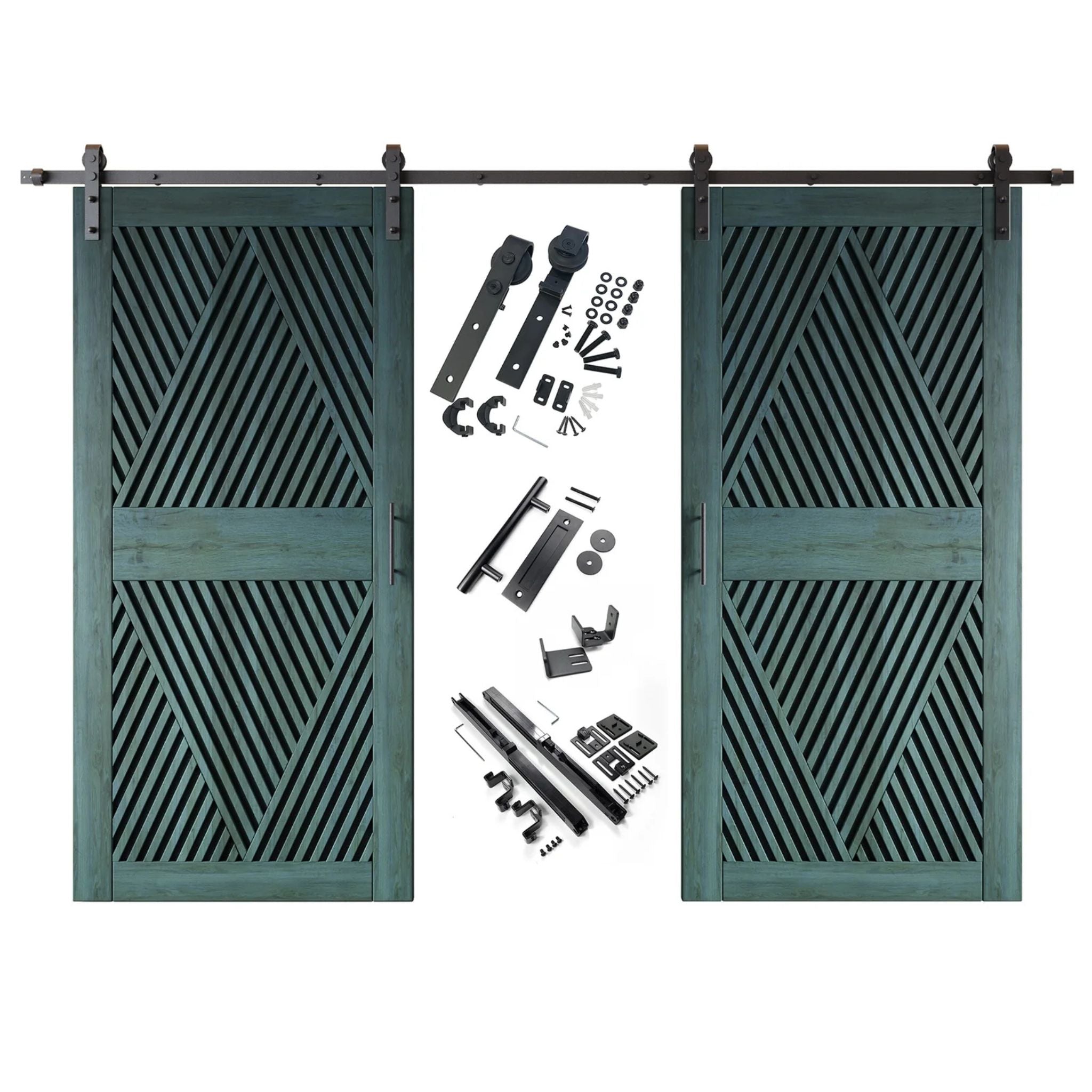 A complete double barn door kit featuring two royal pine doors with an intricate diamond slat pattern. The black sliding track, rollers, handle, and all mounting components are displayed in the center between the two doors.