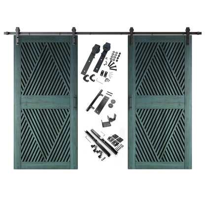 A complete double barn door kit featuring two royal pine doors with an intricate diamond slat pattern. The black sliding track, rollers, handle, and all mounting components are displayed in the center between the two doors.