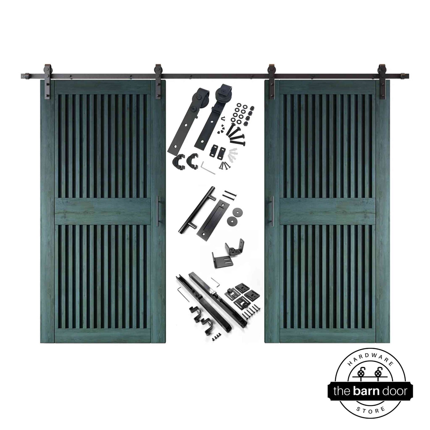 Royal pine vertical slat barn door set with hardware components on a white background